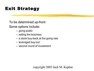 copyright 2003 Jack M. Kaplan
Exit Strategy
To be determined up-front
Some options include:
– going public
– selling the business
– a stock buy-back at the going rate
– leveraged buy-out
– second round of investment
 