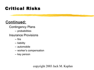 copyright 2003 Jack M. Kaplan
Continued:
Contingency Plans
– probabilities
Insurance Provisions
– fire
– liability
– automobile
– worker’s compensation
– key person
Critical Risks
 
