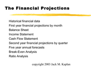 copyright 2003 Jack M. Kaplan
Historical financial data
First year financial projections by month
Balance Sheet
Income Statement
Cash Flow Statement
Second year financial projections by quarter
Five year annual forecasts
Break-Even Analysis
Ratio Analysis
The Financial Projections
 
