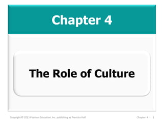 Chapter 4
Copyright © 2013 Pearson Education, Inc. publishing as Prentice Hall Chapter 4 - 1
The Role of Culture
 