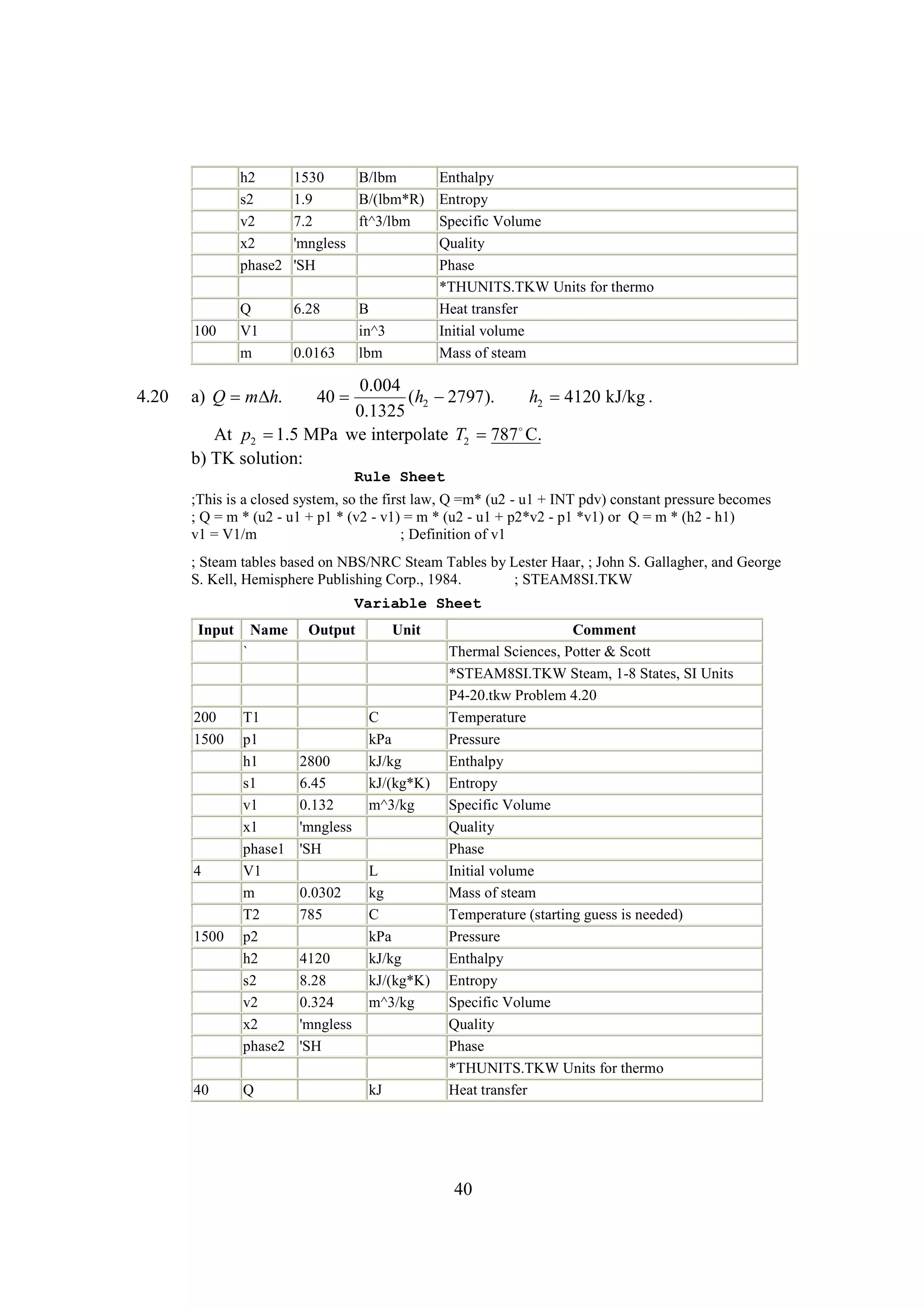 h2
s2
v2
x2
phase2

100

4.20

1530
B/lbm
1.9
B/(lbm*R)
7.2
ft^3/lbm
'mngless
'SH

Q
V1
m

6.28

B
in^3
lbm

0.0163

Enthalpy
Entropy
Specific Volume
Quality
Phase
*THUNITS.TKW Units for thermo
Heat transfer
Initial volume
Mass of steam

0.004
40 
(h2 
2797).
h2 4120 kJ/kg .
0.1325
At p2  MPa we interpolate T2 787
1.5
C.
b) TK solution:

a) Q m .
h

Rule Sheet
;This is a closed system, so the first law, Q =m* (u2 - u1 + INT pdv) constant pressure becomes
; Q = m * (u2 - u1 + p1 * (v2 - v1) = m * (u2 - u1 + p2*v2 - p1 *v1) or Q = m * (h2 - h1)
v1 = V1/m
; Definition of v1
; Steam tables based on NBS/NRC Steam Tables by Lester Haar, ; John S. Gallagher, and George
S. Kell, Hemisphere Publishing Corp., 1984.
; STEAM8SI.TKW
Variable Sheet
Input

Name

Output

Unit

`

200
1500

4

1500

40

T1
p1
h1
s1
v1
x1
phase1
V1
m
T2
p2
h2
s2
v2
x2
phase2
Q

2800
6.45
0.132
'mngless
'SH
0.0302
785
4120
8.28
0.324
'mngless
'SH

C
kPa
kJ/kg
kJ/(kg*K)
m^3/kg

L
kg
C
kPa
kJ/kg
kJ/(kg*K)
m^3/kg

kJ

Comment
Thermal Sciences, Potter & Scott
*STEAM8SI.TKW Steam, 1-8 States, SI Units
P4-20.tkw Problem 4.20
Temperature
Pressure
Enthalpy
Entropy
Specific Volume
Quality
Phase
Initial volume
Mass of steam
Temperature (starting guess is needed)
Pressure
Enthalpy
Entropy
Specific Volume
Quality
Phase
*THUNITS.TKW Units for thermo
Heat transfer

40

 