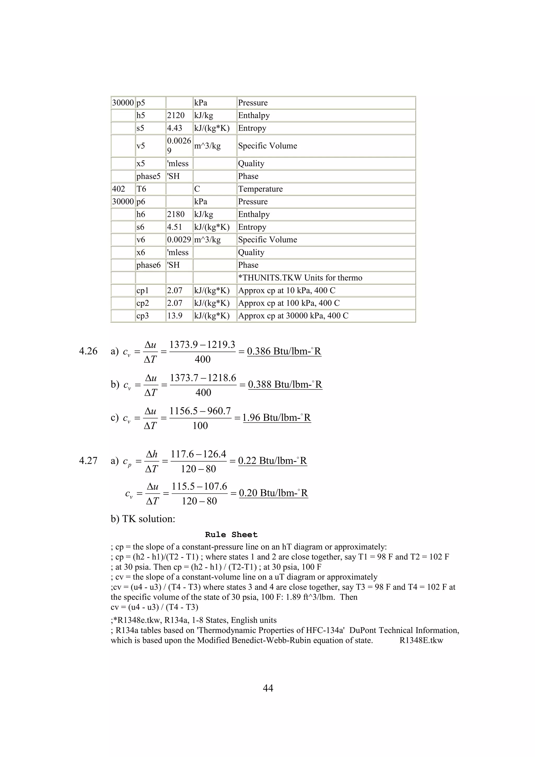 30000 p5
h5
s5

kPa
2120 kJ/kg
4.43 kJ/(kg*K)
0.0026
v5
m^3/kg
9
x5
'mless
phase5 'SH
402 T6
C
30000 p6
kPa
h6
2180 kJ/kg
s6
4.51 kJ/(kg*K)
v6
0.0029 m^3/kg
x6
'mless
phase6 'SH
cp1
cp2
cp3

4.26

2.07
2.07
13.9

Pressure
Enthalpy
Entropy
Specific Volume

Quality
Phase
Temperature
Pressure
Enthalpy
Entropy
Specific Volume
Quality
Phase
*THUNITS.TKW Units for thermo
kJ/(kg*K) Approx cp at 10 kPa, 400 C
kJ/(kg*K) Approx cp at 100 kPa, 400 C
kJ/(kg*K) Approx cp at 30000 kPa, 400 C

 1373.9 
u
1219.3
a) cv 

0.386 Btu/lbm-
R

T
400
 1373.7 
u
1218.6
b) cv 

0.388 Btu/lbm-
R

T
400
 1156.5 
u
960.7
c) cv 


1.96 Btu/lbm-
R

T
100

4.27

 117.6 
h
126.4
a) c p 


0.22 Btu/lbm-
R

T
120 
80
 115.5 
u
107.6
cv 


0.20 Btu/lbm-
R

T
120 
80

b) TK solution:
Rule Sheet
; cp = the slope of a constant-pressure line on an hT diagram or approximately:
; cp = (h2 - h1)/(T2 - T1) ; where states 1 and 2 are close together, say T1 = 98 F and T2 = 102 F
; at 30 psia. Then cp = (h2 - h1) / (T2-T1) ; at 30 psia, 100 F
; cv = the slope of a constant-volume line on a uT diagram or approximately
;cv = (u4 - u3) / (T4 - T3) where states 3 and 4 are close together, say T3 = 98 F and T4 = 102 F at
the specific volume of the state of 30 psia, 100 F: 1.89 ft^3/lbm. Then
cv = (u4 - u3) / (T4 - T3)
;*R1348e.tkw, R134a, 1-8 States, English units
; R134a tables based on 'Thermodynamic Properties of HFC-134a' DuPont Technical Information,
which is based upon the Modified Benedict-Webb-Rubin equation of state.
R1348E.tkw

44

 