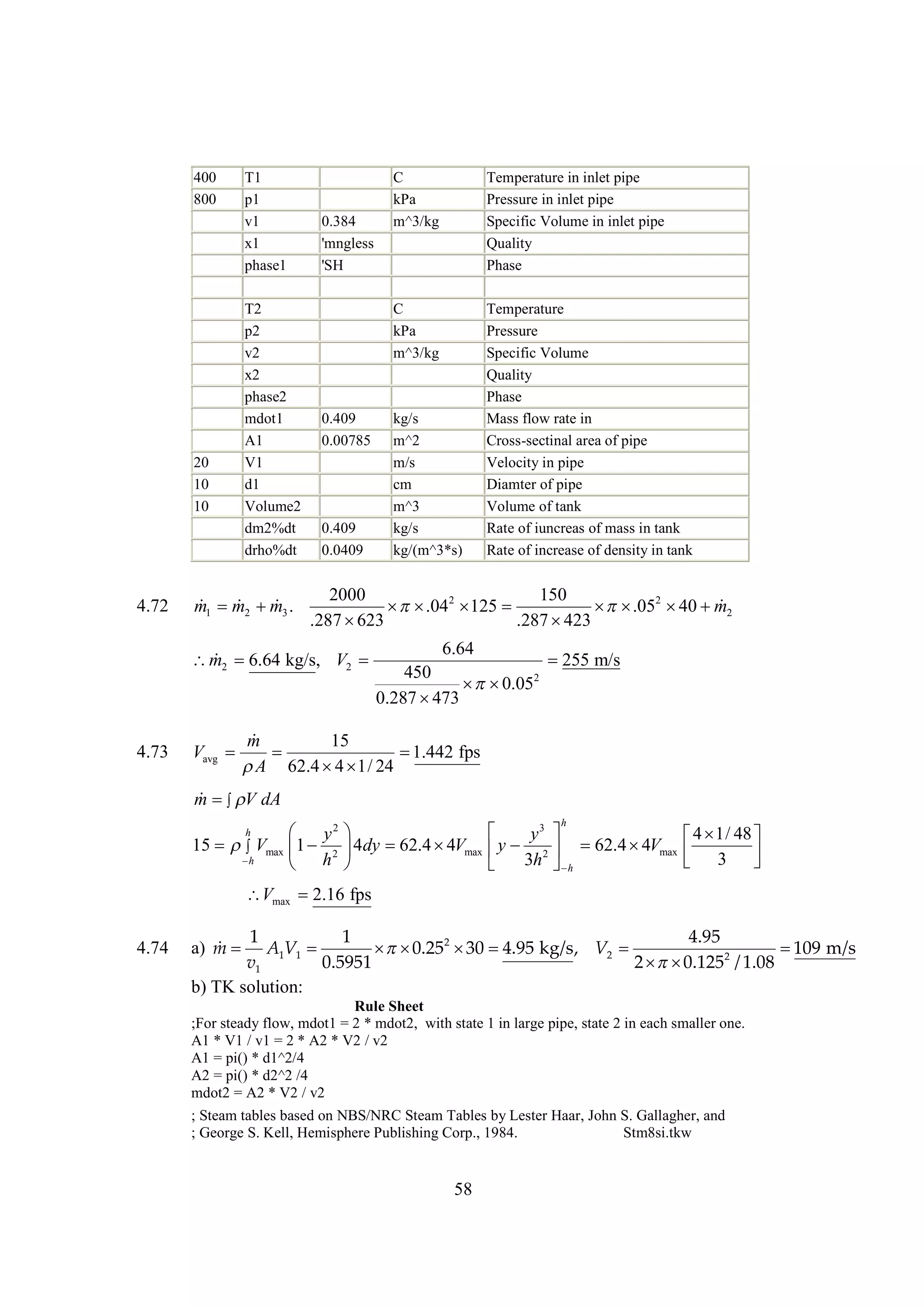 400
800

20
10
10

4.72

T1
p1
v1
x1
phase1
T2
p2
v2
x2
phase2
mdot1
A1
V1
d1
Volume2
dm2%dt
drho%dt

  m3
m1 m2 .

C
kPa
m^3/kg

C
kPa
m^3/kg

0.384
'mngless
'SH

0.409
0.00785

Temperature in inlet pipe
Pressure in inlet pipe
Specific Volume in inlet pipe
Quality
Phase
Temperature
Pressure
Specific Volume
Quality
Phase
Mass flow rate in
Cross-sectinal area of pipe
Velocity in pipe
Diamter of pipe
Volume of tank
Rate of iuncreas of mass in tank
Rate of increase of density in tank

kg/s
m^2
m/s
cm
m^3
kg/s
kg/(m^3*s)

0.409
0.0409

2000
150
  2 
 .04 125
  2  
 .05 40 m2
.287 
623
.287 
423

 6.64 kg/s, V2 
m2 

6.64

450
  2
 0.05
0.287 
473

4.73


255 m/s


m
15
Vavg 


1.442 fps
 62.4   24
A
4 1/
 
m  V dA
 y2
15  max  2
V
1

h
 h
h


4
62.4  Vmax
4
 dy 


h

 y3 
4 1/
  48 
y
62.4  Vmax 
4
 2  
 3 

 3h h


Vmax 2.16 fps
4.74

1
1
4.95

a) m  A1V1 
  2 
 0.25 30 4.95 kg/s, V2 

109 m/s
v1
0.5951
2 
 0.1252 / 1.08
b) TK solution:
Rule Sheet
;For steady flow, mdot1 = 2 * mdot2, with state 1 in large pipe, state 2 in each smaller one.
A1 * V1 / v1 = 2 * A2 * V2 / v2
A1 = pi() * d1^2/4
A2 = pi() * d2^2 /4
mdot2 = A2 * V2 / v2
; Steam tables based on NBS/NRC Steam Tables by Lester Haar, John S. Gallagher, and
; George S. Kell, Hemisphere Publishing Corp., 1984.
Stm8si.tkw

58

 