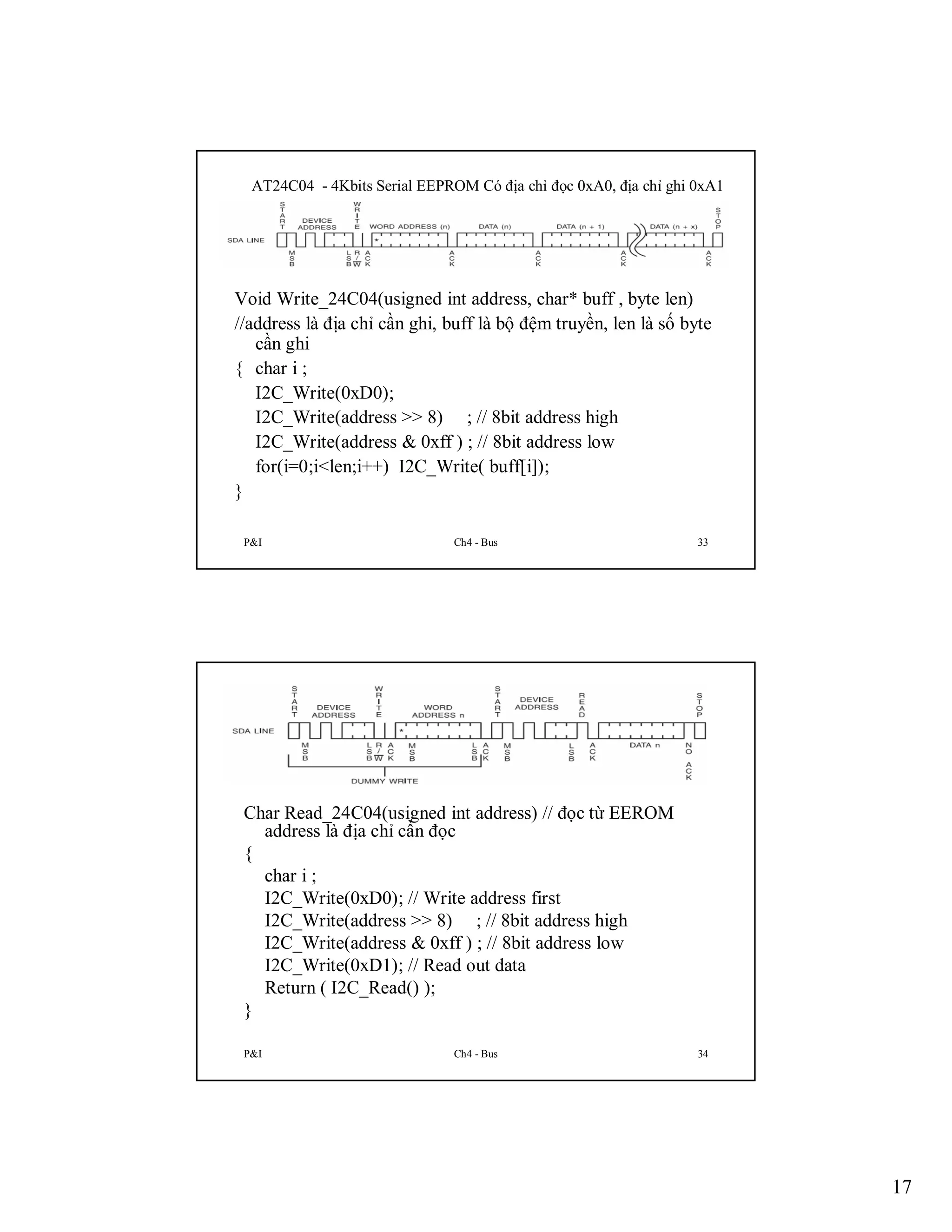 AT24C04 - 4Kbits Serial EEPROM Có địa chỉ đọc 0xA0, địa chỉ ghi 0xA1

Void Write_24C04(usigned int address, char* buff , byte len)
//address là địa chỉ cần ghi, buff là bộ đệm truyền, len là số byte
cần ghi
{ char i ;
I2C_Write(0xD0);
I2C_Write(address >> 8) ; // 8bit address high
I2C_Write(address & 0xff ) ; // 8bit address low
for(i=0;i<len;i++) I2C_Write( buff[i]);
}
P&I

Ch4 - Bus

33

Char Read_24C04(usigned int address) // đọc từ EEROM
address là địa chỉ cần đọc
{
char i ;
I2C_Write(0xD0); // Write address first
I2C_Write(address >> 8) ; // 8bit address high
I2C_Write(address & 0xff ) ; // 8bit address low
I2C_Write(0xD1); // Read out data
Return ( I2C_Read() );
}
P&I

Ch4 - Bus

34

17

 