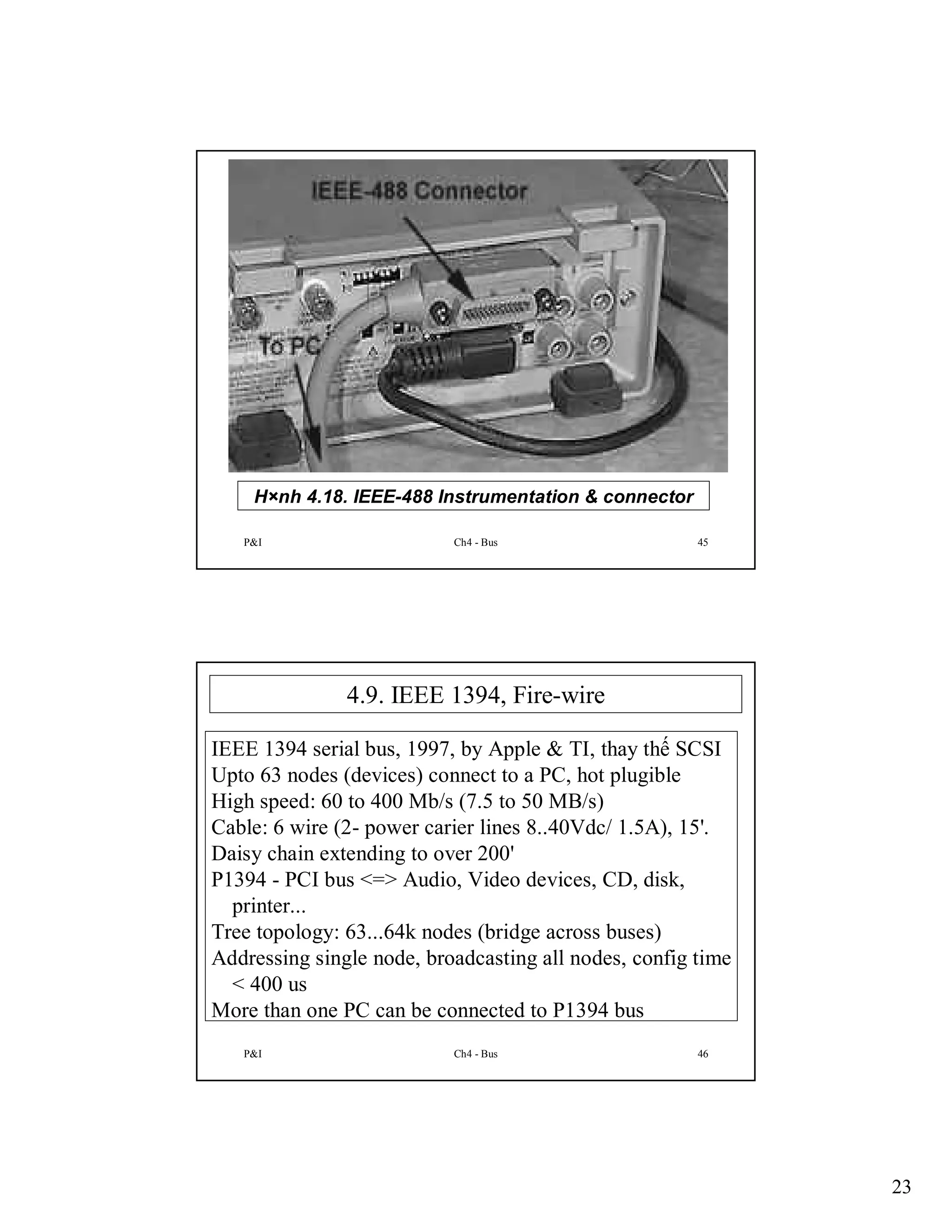 H×nh 4.18. IEEE-488 Instrumentation & connector
P&I

Ch4 - Bus

45

4.9. IEEE 1394, Fire-wire
IEEE 1394 serial bus, 1997, by Apple & TI, thay thế SCSI
Upto 63 nodes (devices) connect to a PC, hot plugible
High speed: 60 to 400 Mb/s (7.5 to 50 MB/s)
Cable: 6 wire (2- power carier lines 8..40Vdc/ 1.5A), 15'.
Daisy chain extending to over 200'
P1394 - PCI bus <=> Audio, Video devices, CD, disk,
printer...
Tree topology: 63...64k nodes (bridge across buses)
Addressing single node, broadcasting all nodes, config time
< 400 us
More than one PC can be connected to P1394 bus
P&I

Ch4 - Bus

46

23

 