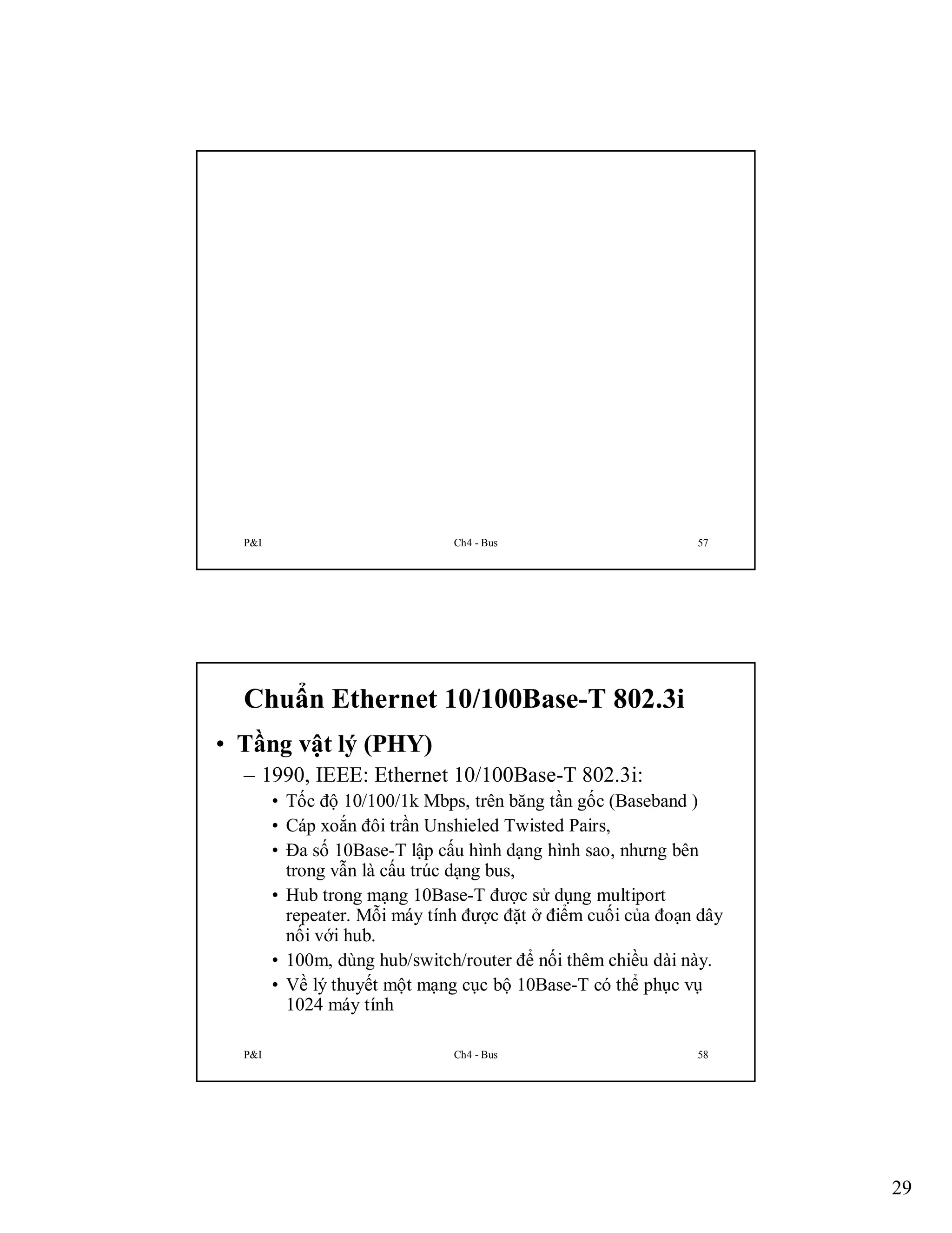 P&I

Ch4 - Bus

57

Chuẩn Ethernet 10/100Base-T 802.3i
• Tầng vật lý (PHY)
– 1990, IEEE: Ethernet 10/100Base-T 802.3i:
• Tốc độ 10/100/1k Mbps, trên băng tần gốc (Baseband )
• Cáp xoắn đôi trần Unshieled Twisted Pairs,
• Đa số 10Base-T lập cấu hình dạng hình sao, nhưng bên
trong vẫn là cấu trúc dạng bus,
• Hub trong mạng 10Base-T được sử dụng multiport
repeater. Mỗi máy tính được đặt ở điểm cuối của đoạn dây
nối với hub.
• 100m, dùng hub/switch/router để nối thêm chiều dài này.
• Về lý thuyết một mạng cục bộ 10Base-T có thể phục vụ
1024 máy tính
P&I

Ch4 - Bus

58

29

 
