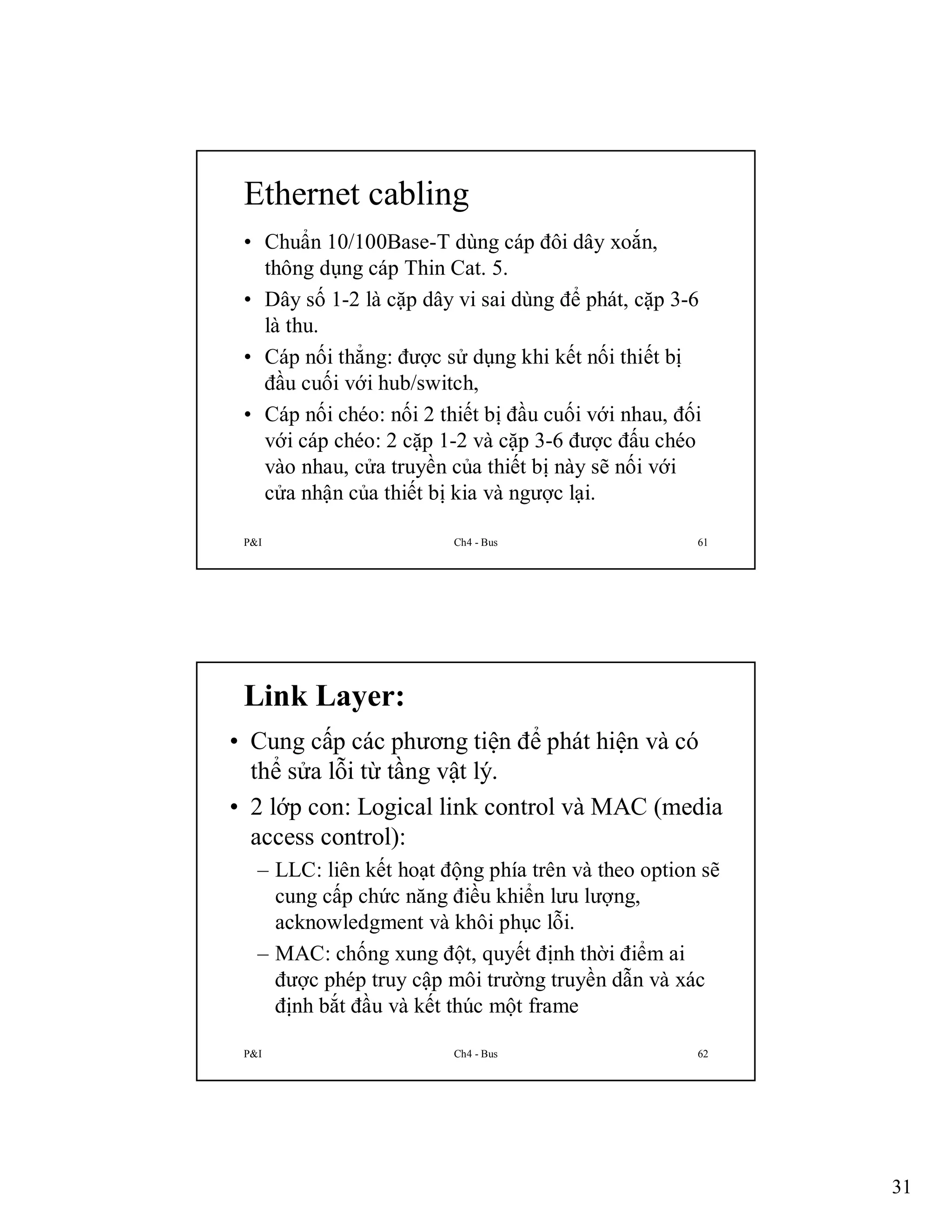 Ethernet cabling
• Chuẩn 10/100Base-T dùng cáp đôi dây xoắn,
thông dụng cáp Thin Cat. 5.
• Dây số 1-2 là cặp dây vi sai dùng để phát, cặp 3-6
là thu.
• Cáp nối thẳng: được sử dụng khi kết nối thiết bị
đầu cuối với hub/switch,
• Cáp nối chéo: nối 2 thiết bị đầu cuối với nhau, đối
với cáp chéo: 2 cặp 1-2 và cặp 3-6 được đấu chéo
vào nhau, cửa truyền của thiết bị này sẽ nối với
cửa nhận của thiết bị kia và ngược lại.
P&I

Ch4 - Bus

61

Link Layer:
• Cung cấp các phương tiện để phát hiện và có
thể sửa lỗi từ tầng vật lý.
• 2 lớp con: Logical link control và MAC (media
access control):
– LLC: liên kết hoạt động phía trên và theo option sẽ
cung cấp chức năng điều khiển lưu lượng,
acknowledgment và khôi phục lỗi.
– MAC: chống xung đột, quyết định thời điểm ai
được phép truy cập môi trường truyền dẫn và xác
định bắt đầu và kết thúc một frame
P&I

Ch4 - Bus

62

31

 