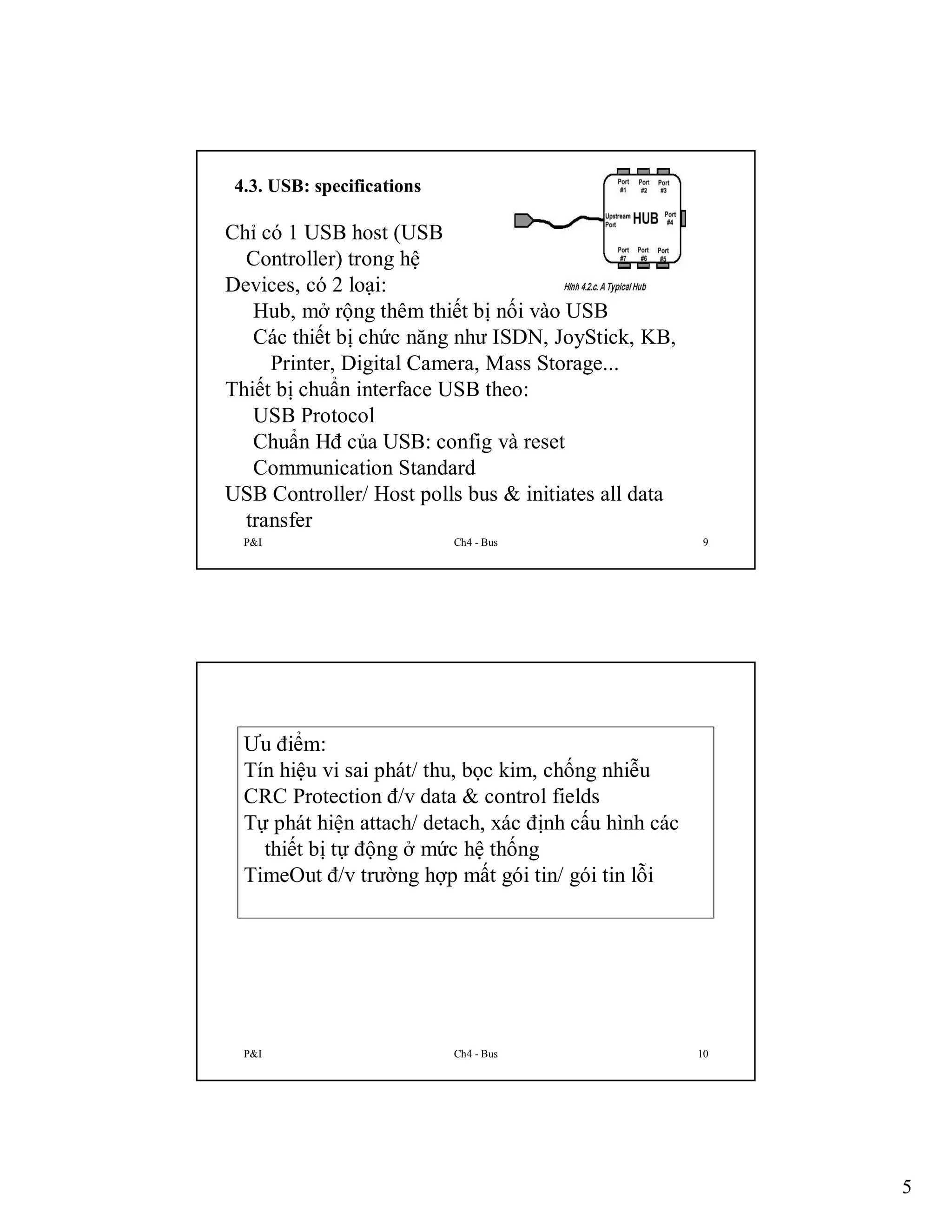 4.3. USB: specifications

Chỉ có 1 USB host (USB
Controller) trong hệ
Devices, có 2 loại:
Hub, mở rộng thêm thiết bị nối vào USB
Các thiết bị chức năng như ISDN, JoyStick, KB,
Printer, Digital Camera, Mass Storage...
Thiết bị chuẩn interface USB theo:
USB Protocol
Chuẩn Hđ của USB: config và reset
Communication Standard
USB Controller/ Host polls bus & initiates all data
transfer
P&I

Ch4 - Bus

9

Ưu điểm:
Tín hiệu vi sai phát/ thu, bọc kim, chống nhiễu
CRC Protection đ/v data & control fields
Tự phát hiện attach/ detach, xác định cấu hình các
thiết bị tự động ở mức hệ thống
TimeOut đ/v trường hợp mất gói tin/ gói tin lỗi

P&I

Ch4 - Bus

10

5

 