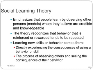 Social Learning Theory
 Emphasizes that people learn by observing other

persons (models) whom they believe are credible
...