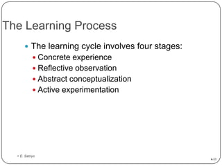 The Learning Process
 The learning cycle involves four stages:
 Concrete experience

 Reflective observation
 Abstract...