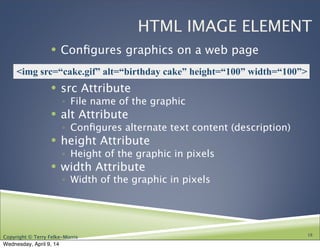Copyright © Terry Felke-Morris
HTML IMAGE ELEMENT
! Conﬁgures graphics on a web page
! src Attribute
◦ File name of the graphic
! alt Attribute
◦ Conﬁgures alternate text content (description)
! height Attribute
◦ Height of the graphic in pixels
! width Attribute
◦ Width of the graphic in pixels
18
<img src=“cake.gif” alt=“birthday cake” height=“100” width=“100”>
Wednesday, April 9, 14
 