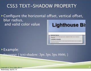 Copyright © Terry Felke-Morris
CSS3 TEXT-SHADOW PROPERTY
!Conﬁgure the horizontal offset, vertical offset,
blur radius,
and valid color value
!Example:
#wrapper { text-shadow: 3px 3px 3px #666; }
45
Wednesday, April 9, 14
 
