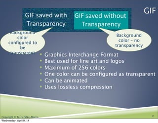 Copyright © Terry Felke-Morris
GIF
! Graphics Interchange Format
! Best used for line art and logos
! Maximum of 256 colors
! One color can be conﬁgured as transparent
! Can be animated
! Uses lossless compression
15
Background
color – no
transparency
Background
color
conﬁgured to
be
transparent
Wednesday, April 9, 14
 