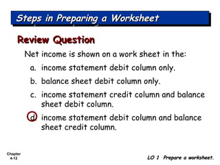 Chapter
4-12
Net income is shown on a work sheet in the:
a. income statement debit column only.
b. balance sheet debit column only.
c. income statement credit column and balance
sheet debit column.
d. income statement debit column and balance
sheet credit column.
Review QuestionReview Question
Steps in Preparing a WorksheetSteps in Preparing a WorksheetSteps in Preparing a WorksheetSteps in Preparing a Worksheet
LO 1 Prepare a worksheet.LO 1 Prepare a worksheet.
 
