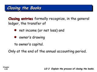 Chapter
4-20
Closing entriesClosing entries formally recognize, in the general
ledger, the transfer of
net income (or net loss) and
owner’s drawing
to owner’s capital.
Closing the BooksClosing the BooksClosing the BooksClosing the Books
LO 2 Explain the process of closing the books.LO 2 Explain the process of closing the books.
Only at the end of the annual accounting period.
 