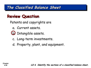 Chapter
4-36
Patents and copyrights are
a. Current assets.
b. Intangible assets.
c. Long-term investments.
d. Property, plant, and equipment.
Review QuestionReview Question
The Classified Balance SheetThe Classified Balance SheetThe Classified Balance SheetThe Classified Balance Sheet
LO 6 Identify the sections of a classified balance sheet.LO 6 Identify the sections of a classified balance sheet.
 
