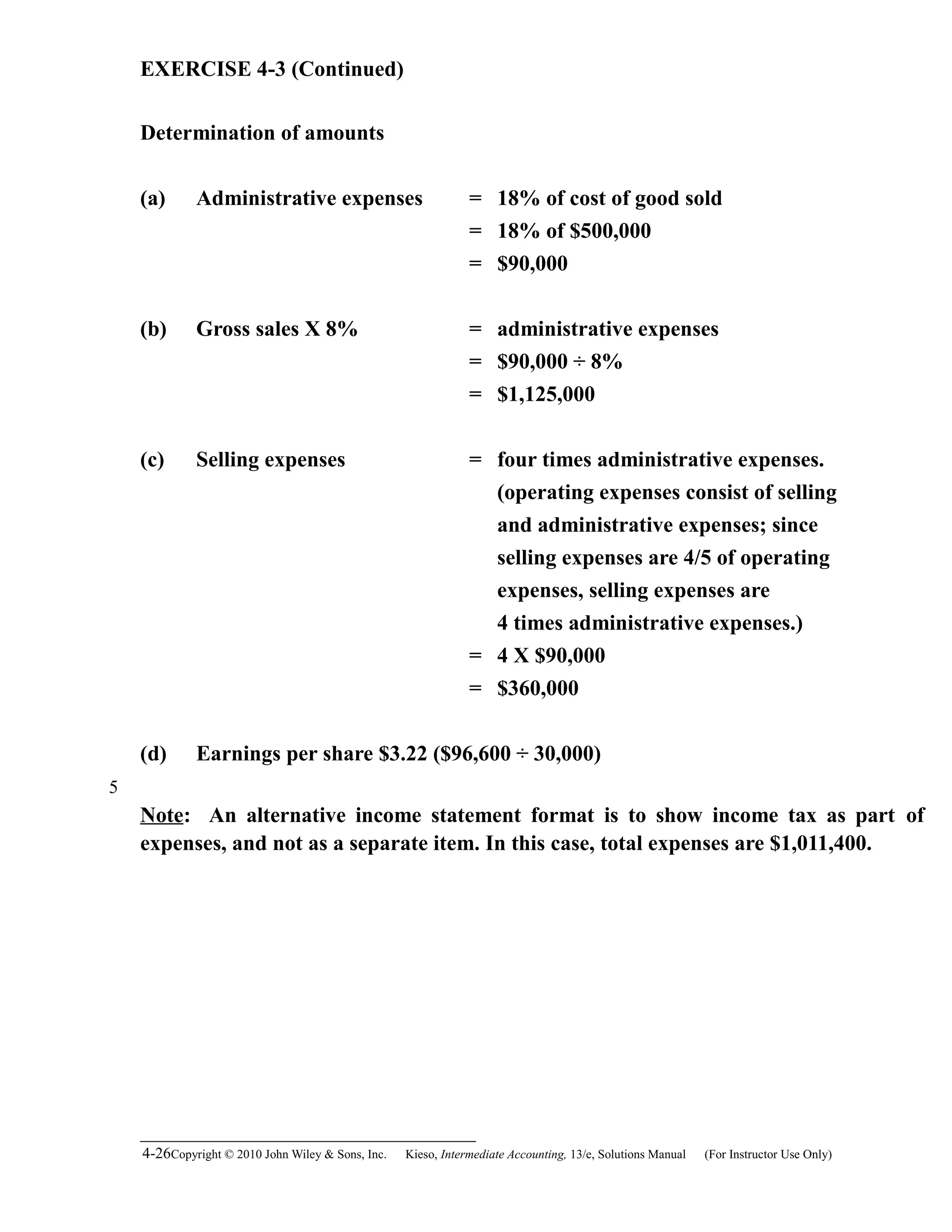 EXERCISE 4-3 (Continued)
Determination of amounts
(a) Administrative expenses = 18% of cost of good sold
= 18% of $500,000
= $90,000
(b) Gross sales X 8% = administrative expenses
= $90,000 ÷ 8%
= $1,125,000
(c) Selling expenses = four times administrative expenses.
(operating expenses consist of selling
and administrative expenses; since
selling expenses are 4/5 of operating
expenses, selling expenses are
4 times administrative expenses.)
= 4 X $90,000
= $360,000
(d) Earnings per share $3.22 ($96,600 ÷ 30,000)
Note: An alternative income statement format is to show income tax as part of
expenses, and not as a separate item. In this case, total expenses are $1,011,400.
4-26Copyright © 2010 John Wiley & Sons, Inc. Kieso,    Intermediate Accounting, 13/e, Solutions Manual (For Instructor Use Only)   
5
 
