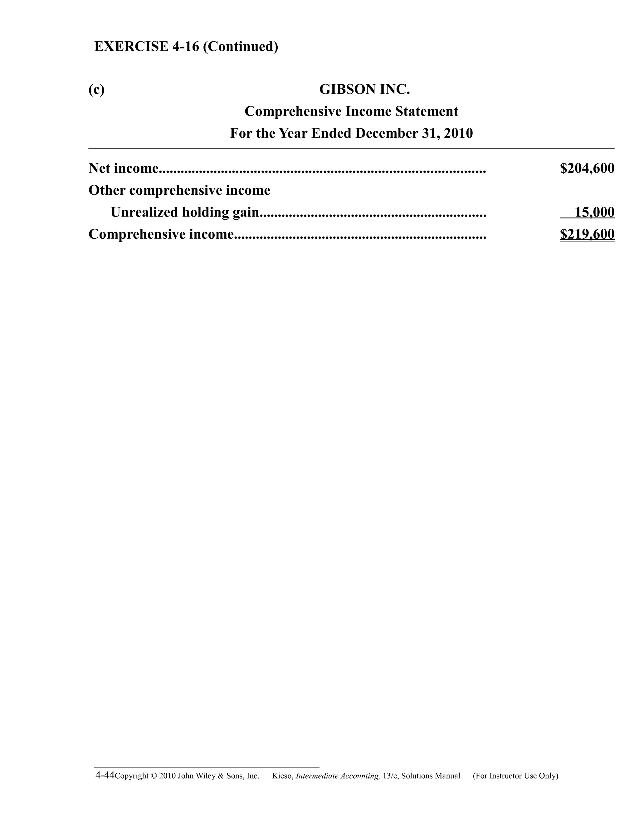 EXERCISE 4-16 (Continued)
(c) GIBSON INC.
Comprehensive Income Statement
For the Year Ended December 31, 2010
Net income......................................................................................... $204,600
Other comprehensive income
Unrealized holding gain.............................................................. 15,000
Comprehensive income..................................................................... $219,600
4-44Copyright © 2010 John Wiley & Sons, Inc. Kieso,    Intermediate Accounting, 13/e, Solutions Manual (For Instructor Use Only)   
 