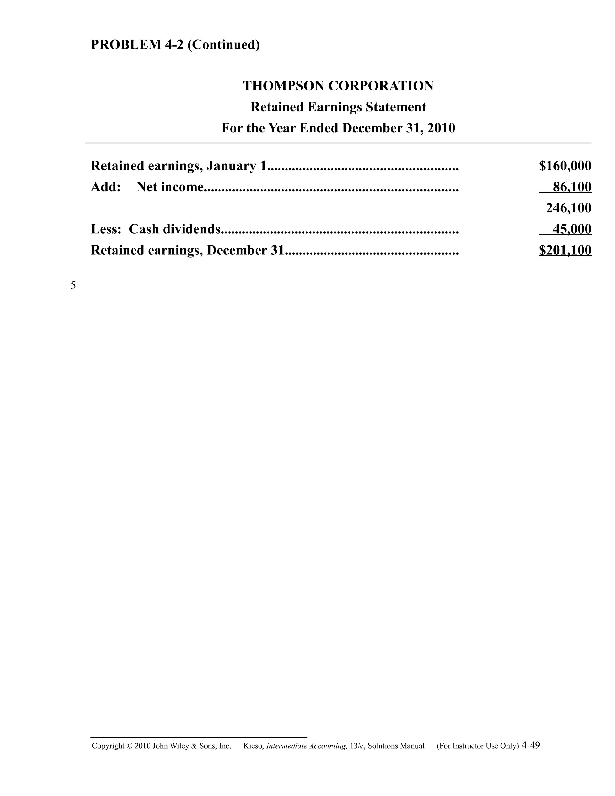 PROBLEM 4-2 (Continued)
THOMPSON CORPORATION
Retained Earnings Statement
For the Year Ended December 31, 2010
Retained earnings, January 1...................................................... $160,000
Add: Net income........................................................................ 86,100
246,100
Less: Cash dividends................................................................... 45,000
Retained earnings, December 31................................................. $201,100
Copyright © 2010 John Wiley & Sons, Inc. Kieso,    Intermediate Accounting, 13/e, Solutions Manual (For Instructor Use Only)    4-49
5
 