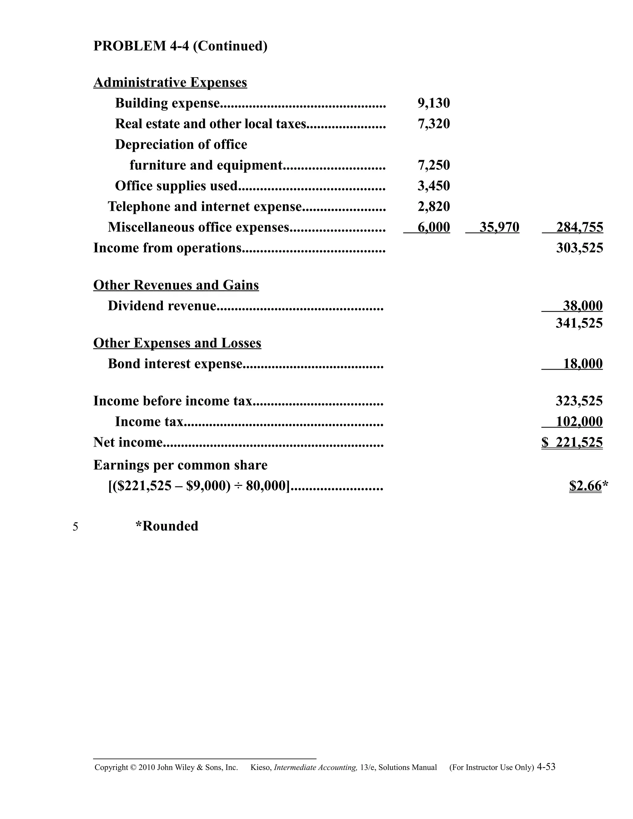 PROBLEM 4-4 (Continued)
Administrative Expenses
Building expense.............................................. 9,130
Real estate and other local taxes...................... 7,320
Depreciation of office
furniture and equipment............................ 7,250
Office supplies used........................................ 3,450
Telephone and internet expense....................... 2,820
Miscellaneous office expenses.......................... 6,000 35,970 284,755
Income from operations....................................... 303,525
Other Revenues and Gains
Dividend revenue.............................................. 38,000
341,525
Other Expenses and Losses
Bond interest expense....................................... 18,000
Income before income tax.................................... 323,525
Income tax....................................................... 102,000
Net income............................................................. $ 221,525
Earnings per common share
[($221,525 – $9,000) ÷ 80,000]......................... $2.66*
*Rounded
Copyright © 2010 John Wiley & Sons, Inc. Kieso,    Intermediate Accounting, 13/e, Solutions Manual (For Instructor Use Only)    4-53
5
 