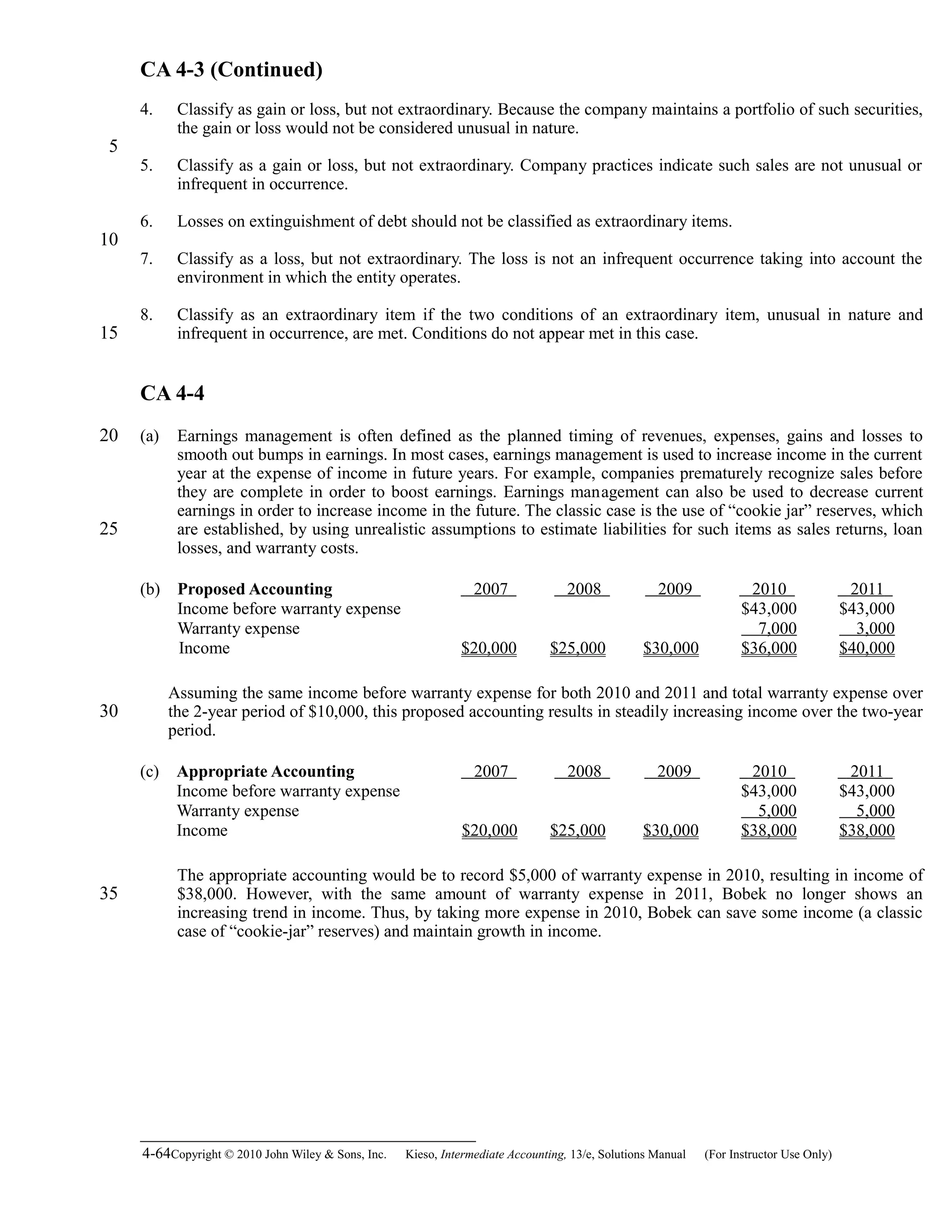 CA 4-3 (Continued)
4. Classify as gain or loss, but not extraordinary. Because the company maintains a portfolio of such securities,
the gain or loss would not be considered unusual in nature.
5. Classify as a gain or loss, but not extraordinary. Company practices indicate such sales are not unusual or
infrequent in occurrence.
6. Losses on extinguishment of debt should not be classified as extraordinary items.
7. Classify as a loss, but not extraordinary. The loss is not an infrequent occurrence taking into account the
environment in which the entity operates.
8. Classify as an extraordinary item if the two conditions of an extraordinary item, unusual in nature and
infrequent in occurrence, are met. Conditions do not appear met in this case.
CA 4-4
(a) Earnings management is often defined as the planned timing of revenues, expenses, gains and losses to
smooth out bumps in earnings. In most cases, earnings management is used to increase income in the current
year at the expense of income in future years. For example, companies prematurely recognize sales before
they are complete in order to boost earnings. Earnings management can also be used to decrease current
earnings in order to increase income in the future. The classic case is the use of “cookie jar” reserves, which
are established, by using unrealistic assumptions to estimate liabilities for such items as sales returns, loan
losses, and warranty costs.
(b) Proposed Accounting 2007 2008 2009 2010 2011
Income before warranty expense $43,000 $43,000
Warranty expense 7,000 3,000
Income $20,000 $25,000 $30,000 $36,000 $40,000
Assuming the same income before warranty expense for both 2010 and 2011 and total warranty expense over
the 2-year period of $10,000, this proposed accounting results in steadily increasing income over the two-year
period.
(c) Appropriate Accounting 2007 2008 2009 2010 2011
Income before warranty expense $43,000 $43,000
Warranty expense 5,000 5,000
Income $20,000 $25,000 $30,000 $38,000 $38,000
The appropriate accounting would be to record $5,000 of warranty expense in 2010, resulting in income of
$38,000. However, with the same amount of warranty expense in 2011, Bobek no longer shows an
increasing trend in income. Thus, by taking more expense in 2010, Bobek can save some income (a classic
case of “cookie-jar” reserves) and maintain growth in income.
4-64Copyright © 2010 John Wiley & Sons, Inc. Kieso,    Intermediate Accounting, 13/e, Solutions Manual (For Instructor Use Only)   
5
10
15
20
25
30
35
 