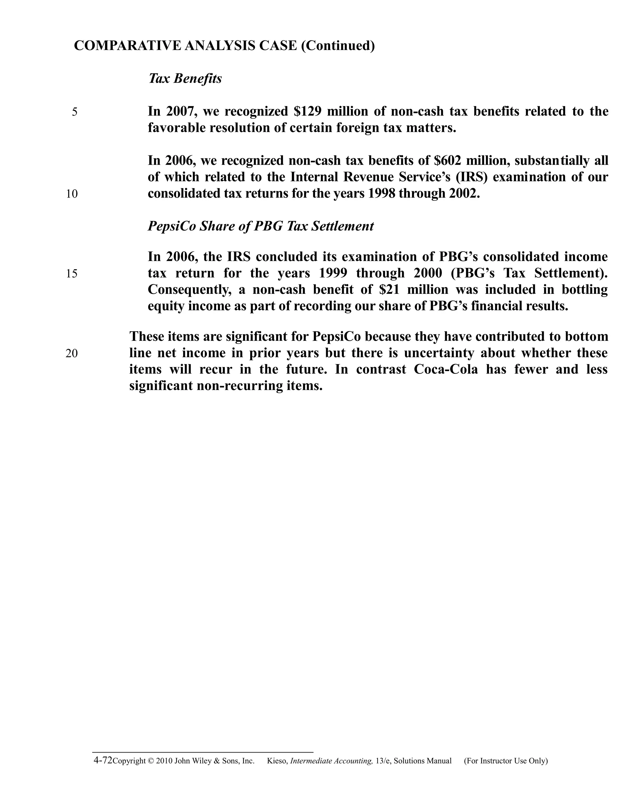 COMPARATIVE ANALYSIS CASE (Continued)
Tax Benefits
In 2007, we recognized $129 million of non-cash tax benefits related to the
favorable resolution of certain foreign tax matters.
In 2006, we recognized non-cash tax benefits of $602 million, substantially all
of which related to the Internal Revenue Service’s (IRS) examination of our
consolidated tax returns for the years 1998 through 2002.
PepsiCo Share of PBG Tax Settlement
In 2006, the IRS concluded its examination of PBG’s consolidated income
tax return for the years 1999 through 2000 (PBG’s Tax Settlement).
Consequently, a non-cash benefit of $21 million was included in bottling
equity income as part of recording our share of PBG’s financial results.
These items are significant for PepsiCo because they have contributed to bottom
line net income in prior years but there is uncertainty about whether these
items will recur in the future. In contrast Coca-Cola has fewer and less
significant non-recurring items.
4-72Copyright © 2010 John Wiley & Sons, Inc. Kieso,    Intermediate Accounting, 13/e, Solutions Manual (For Instructor Use Only)   
5
10
15
20
 