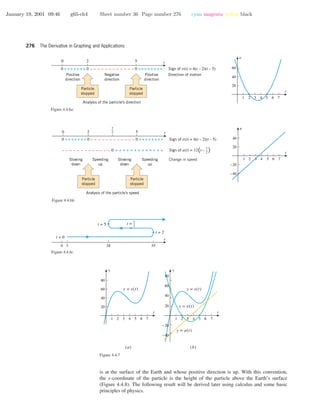 January 19, 2001 09:46 g65-ch4 Sheet number 36 Page number 276 cyan magenta yellow black
276 The Derivative in Graphing and Applications
0 2 5
+ + + + + + + + + + + + + + +00 0 Sign of v(t) = 6(t – 2)(t – 5)
t
Direction of motionPositive
direction
Negative
direction
Positive
direction
Particle
stopped
Particle
stopped
Analysis of the particle's direction
– – – – – – – – – – – –
1 2 3 4 5 6 7
20
40
60
t
v
Figure 4.4.6a
Change in speed
t
– – – – – – – – – – – – –
– – – – – – – – – – – –
+ + + + + + + + + + + + +0
0 2 5
+ + + + + + + + + + + + + + +00 0 Sign of v(t) = 6(t – 2)(t – 5)
Slowing
down
Slowing
down
Speeding
up
Speeding
up
Particle
stopped
Particle
stopped
Sign of a(t) = 12(t – )7
2
7
2
Analysis of the particle's speed
1 2 3 4 5 6 7
-40
-20
20
40
t
a
Figure 4.4.6b
s
0 3 28 55
t = 0
7
2
t =t = 5
t = 2
Figure 4.4.6c
(a) (b)
1 2 3 4 5 6 7
20
40
60
80
t
y
1 2 3 4 5 6 7
-40
-20
20
40
60
80
t
y
y = s(t)y = s(t)
y = a(t)
y = v(t)
Figure 4.4.7
is at the surface of the Earth and whose positive direction is up. With this convention,
the s-coordinate of the particle is the height of the particle above the Earth’s surface
(Figure 4.4.8). The following result will be derived later using calculus and some basic
principles of physics.
 