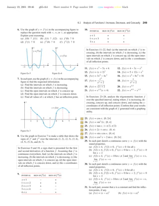 January 19, 2001 09:46 g65-ch4 Sheet number 9 Page number 249 cyan magenta yellow black
4.1 Analysis of Functions I: Increase, Decrease, and Concavity 249
6. Use the graph of y = f (x) in the accompanying ﬁgure to
replace the question mark with <, =, or >, as appropriate.
Explain your reasoning.
(a) f(0) ? f(1) (b) f(1) ? f(2) (c) f (0) ? 0
(d) f (1) ? 0 (e) f (0) ? 0 (f) f (2) ? 0
-2 3
x
y
y = f′′(x)
Figure Ex-5
21
x
y
y = f′(x)
Figure Ex-6
7. In each part, use the graph of y = f(x) in the accompanying
ﬁgure to ﬁnd the requested information.
(a) Find the intervals on which f is increasing.
(b) Find the intervals on which f is decreasing.
(c) Find the open intervals on which f is concave up.
(d) Find the open intervals on which f is concave down.
(e) Find all values of x at which f has an inﬂection point.
2
3 4
5 6 71
x
y
y = f(x)
Figure Ex-7
8. Use the graph in Exercise 7 to make a table that shows the
signs of f and f over the intervals (1, 2), (2, 3), (3, 4),
(4, 5), (5, 6), and (6, 7).
In Exercises 9 and 10, a sign chart is presented for the ﬁrst
and second derivatives of a function f . Assuming that f is
continuous everywhere, ﬁnd: (a) the intervals on which f is
increasing, (b) the intervals on which f is decreasing, (c) the
open intervals on which f is concave up, (d) the open inter-
vals on which f is concave down, and (e) the x-coordinates
of all inﬂection points.
9.
interval sign of f ″(x)sign of f ′(x)
–
+
+
–
–
+
+
–
–
+
x < 1
3 < x < 4
2 < x < 3
4 < x
1 < x < 2
10.
interval sign of f ″(x)sign of f ′(x)
+
+
+
+
–
+
x < 1
3 < x
1 < x < 3
In Exercises 11–22, ﬁnd: (a) the intervals on which f is in-
creasing, (b) the intervals on which f is decreasing, (c) the
open intervals on which f is concave up, (d) the open inter-
vals on which f is concave down, and (e) the x-coordinates
of all inﬂection points.
11. f(x) = x2
− 5x + 6 12. f(x) = 4 − 3x − x2
13. f(x) = (x + 2)3
14. f(x) = 5 + 12x − x3
15. f(x) = 3x4
− 4x3
16. f(x) = x4
− 8x2
+ 16
17. f(x) =
x2
x2 + 2
18. f(x) =
x
x2 + 2
19. f(x) =
3√
x + 2 20. f(x) = x2/3
21. f(x) = x1/3
(x + 4) 22. f(x) = x4/3
− x1/3
In Exercises 23–28, analyze the trigonometric function f
over the speciﬁed interval, stating where f is increasing, de-
creasing, concave up, and concave down, and stating the x-
coordinates of all inﬂection points. Conﬁrm that your results
are consistent with the graph of f generated with a graphing
utility.
23. f(x) = cos x; [0, 2π]
24. f(x) = sin2
2x; [0, π]
25. f(x) = tan x; (−π/2, π/2)
26. f(x) = 2x + cot x; (0, π)
27. f(x) = sin x cos x; [0, π]
28. f(x) = cos2
x − 2 sin x; [0, 2π]
29. In each part sketch a continuous curve y = f(x) with the
stated properties.
(a) f(2) = 4, f (2) = 0, f (x) > 0 for all x
(b) f(2) = 4, f (2) = 0, f (x) < 0 for x < 2, f (x) > 0
for x > 2
(c) f(2) = 4, f (x) < 0forx = 2and lim
x →2+
f (x) = +ϱ,
lim
x →2−
f (x) = −ϱ
30. In each part sketch a continuous curve y = f(x) with the
stated properties.
(a) f(2) = 4, f (2) = 0, f (x) < 0 for all x
(b) f(2) = 4, f (2) = 0, f (x) > 0 for x < 2, f (x) < 0
for x > 2
(c) f(2) = 4, f (x) > 0forx = 2and lim
x →2+
f (x) = −ϱ,
lim
x →2−
f (x) = +ϱ
31. In each part, assume that a is a constant and ﬁnd the inﬂec-
tion points, if any.
(a) f(x) = (x − a)3
(b) f(x) = (x − a)4
 