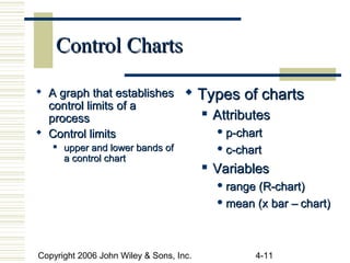 Copyright 2006 John Wiley & Sons, Inc. 4-11
Control ChartsControl Charts
 A graph that establishesA graph that establishes
control limits of acontrol limits of a
processprocess
 Control limitsControl limits

upper and lower bands ofupper and lower bands of
a control charta control chart
 Types of chartsTypes of charts
 AttributesAttributes
 p-chartp-chart
 c-chartc-chart
 VariablesVariables
 range (R-chart)range (R-chart)
 mean (x bar – chart)mean (x bar – chart)
 