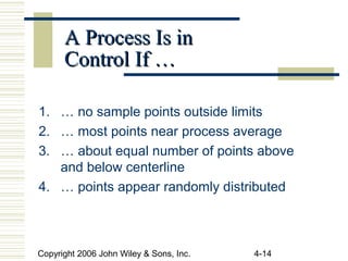 Copyright 2006 John Wiley & Sons, Inc. 4-14
A Process Is inA Process Is in
Control If …Control If …
1. … no sample points outside limits
2. … most points near process average
3. … about equal number of points above
and below centerline
4. … points appear randomly distributed
 