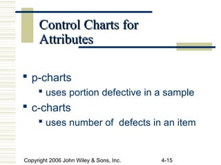 Copyright 2006 John Wiley & Sons, Inc. 4-15
Control Charts forControl Charts for
AttributesAttributes
 p-charts
 uses portion defective in a sample
 c-charts
 uses number of defects in an item
 