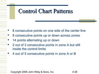 Copyright 2006 John Wiley & Sons, Inc. 4-36
Control Chart PatternsControl Chart Patterns
 8 consecutive points on one side of the center line
 8 consecutive points up or down across zones
 14 points alternating up or down
 2 out of 3 consecutive points in zone A but still
inside the control limits
 4 out of 5 consecutive points in zone A or B
 