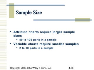 Copyright 2006 John Wiley & Sons, Inc. 4-38
Sample SizeSample Size
 Attribute charts require larger sample
sizes
 50 to 100 parts in a sample
 Variable charts require smaller samples
 2 to 10 parts in a sample
 