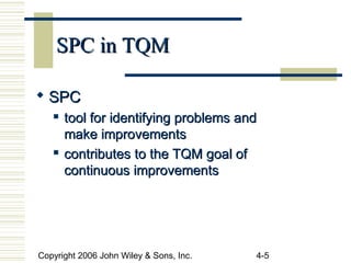 Copyright 2006 John Wiley & Sons, Inc. 4-5
SPC in TQMSPC in TQM
 SPCSPC
 tool for identifying problems andtool for identifying problems and
make improvementsmake improvements
 contributes to the TQM goal ofcontributes to the TQM goal of
continuous improvementscontinuous improvements
 