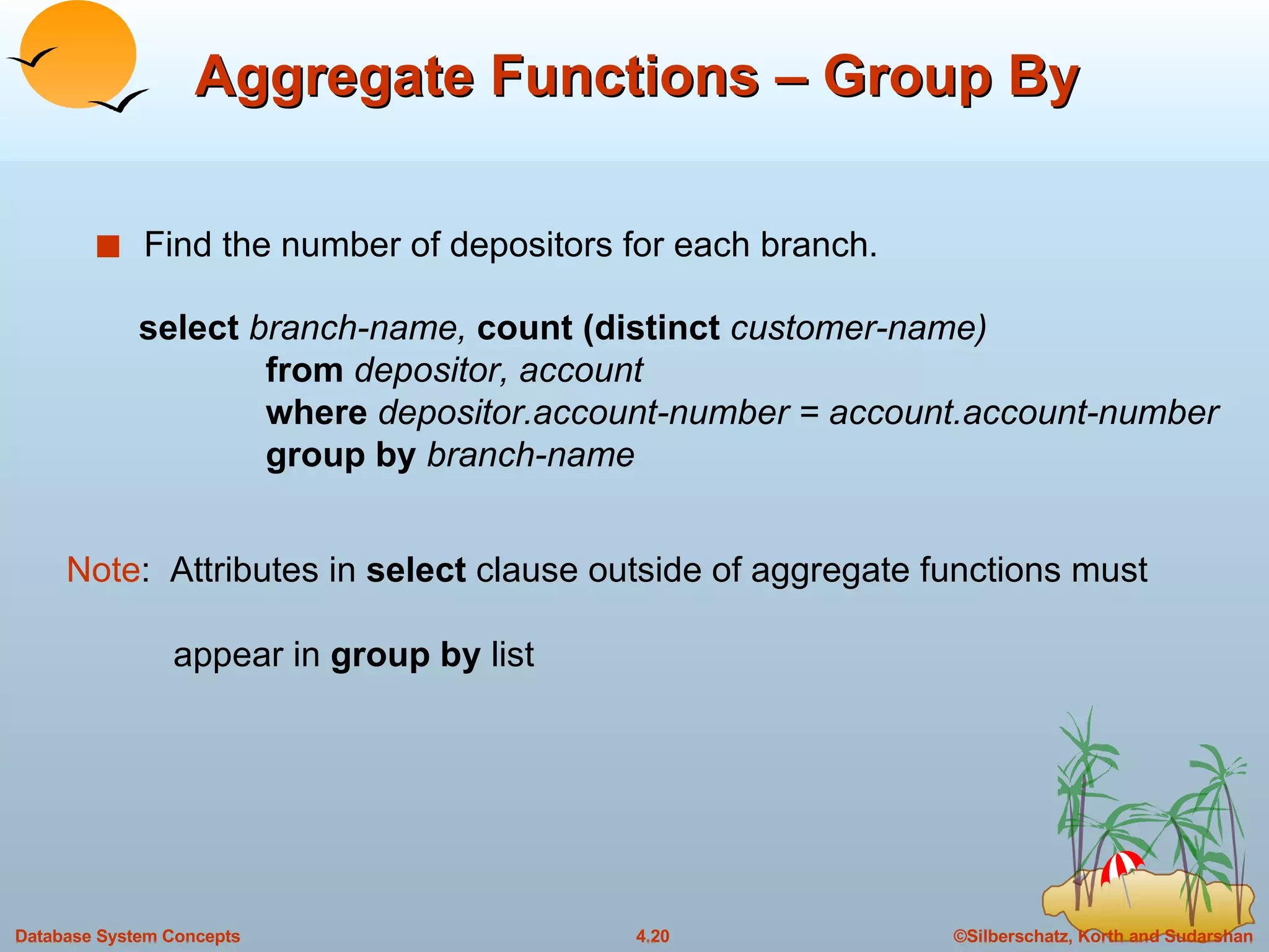 Aggregate Functions – Group By Find the number of depositors for each branch. Note :  Attributes in  select  clause outside of aggregate functions must    appear in  group by  list select  branch-name,  count (distinct   customer-name) from  depositor, account where  depositor.account-number = account.account-number group by  branch-name 