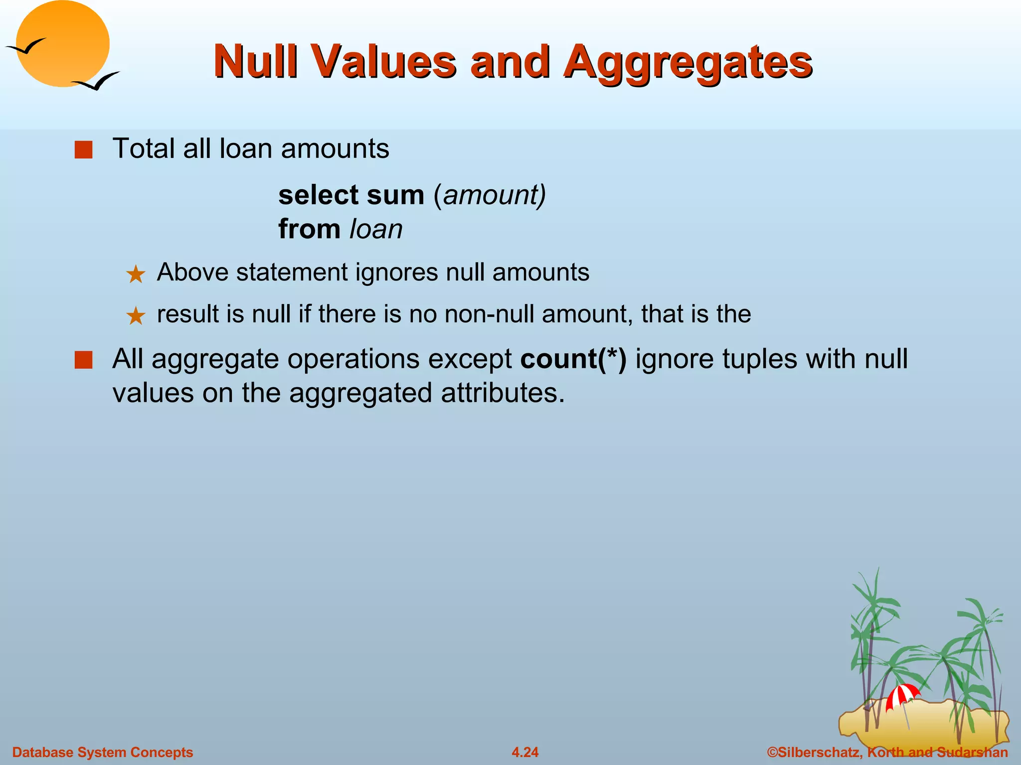 Null Values and Aggregates Total all loan amounts select sum  ( amount) from  loan Above statement ignores null amounts result is null if there is no non-null amount, that is the  All aggregate operations except  count(*)  ignore tuples with null values on the aggregated attributes. 