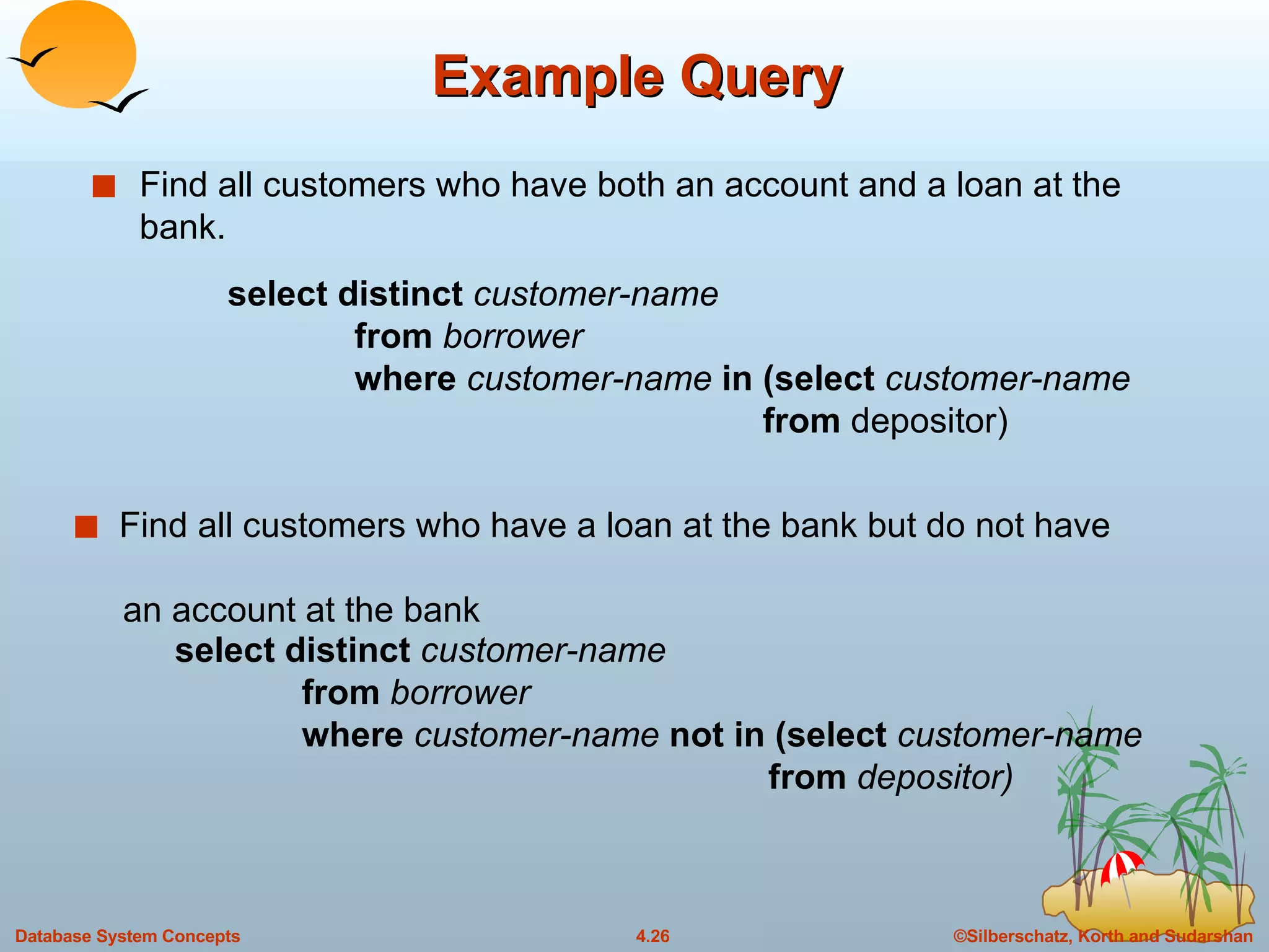 Example Query Find all customers who have both an account and a loan at the bank. Find all customers who have a loan at the bank but do not have    an account at the bank select distinct  customer-name from  borrower where  customer-name  not in (select  customer-name   from  depositor) select distinct  customer-name from  borrower where  customer-name  in (select  customer-name   from   depositor) 