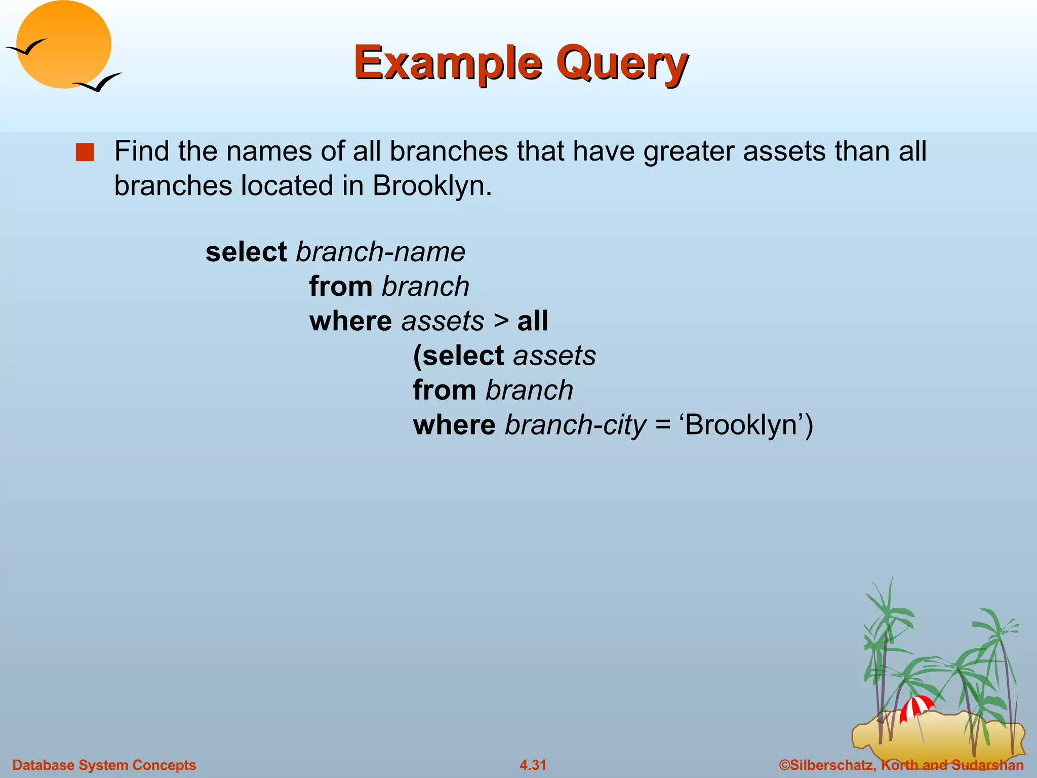 Example Query Find the names of all branches that have greater assets than all branches located in Brooklyn. select  branch-name from  branch where  assets >  all (select  assets from  branch where  branch-city =  ‘Brooklyn’) 