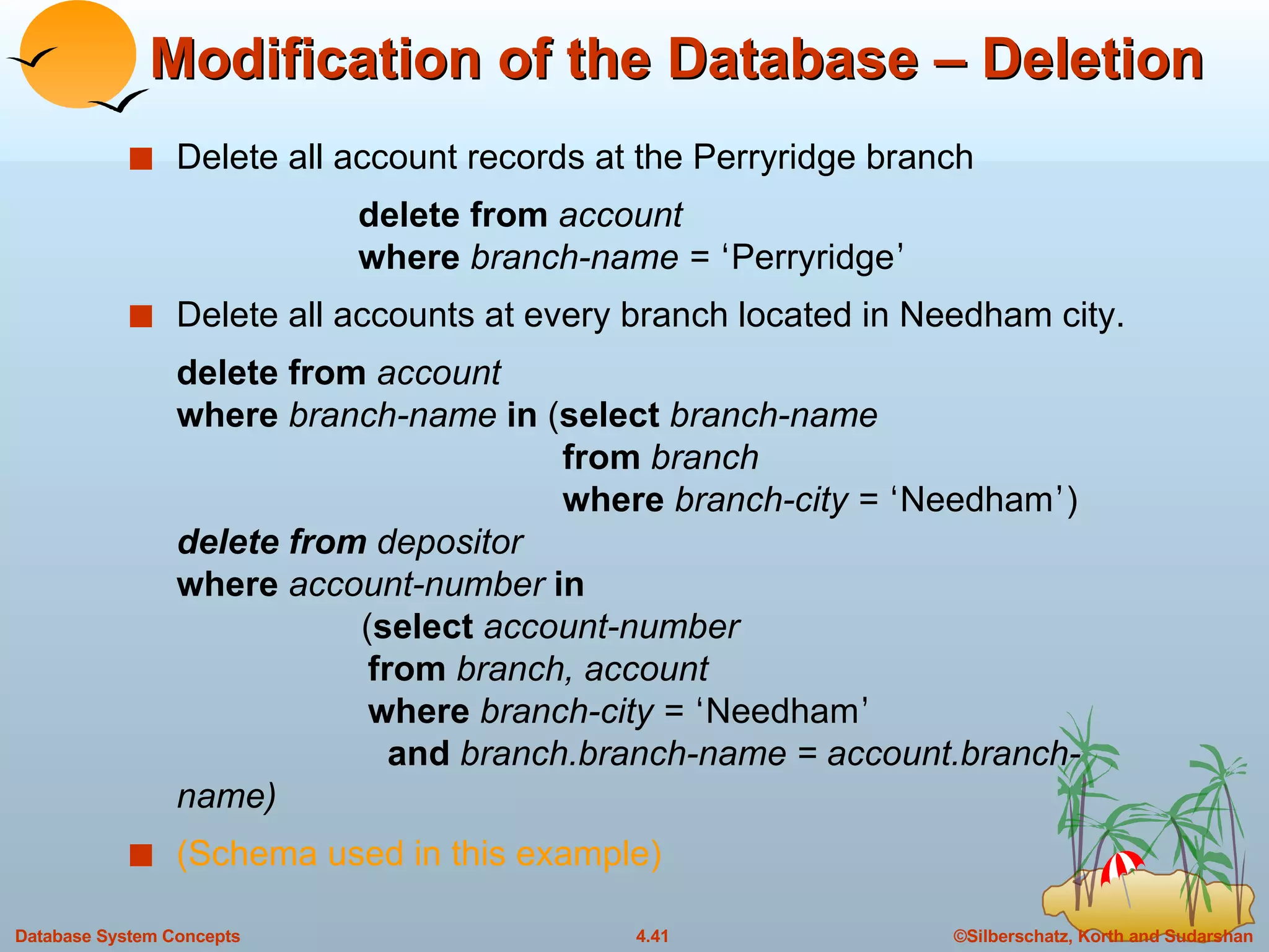 Modification of the Database – Deletion Delete all account records at the Perryridge branch delete from  account where  branch-name =  ‘ Perryridge ’ Delete all accounts at every branch located in Needham city. delete from  account where  branch-name  in  ( select  branch-name   from  branch   where  branch-city =  ‘ Needham ’ ) delete from  depositor where  account-number  in    ( select  account-number   from  branch, account   where  branch-city =  ‘ Needham ’   and  branch.branch-name = account.branch-name) (Schema used in this example) 