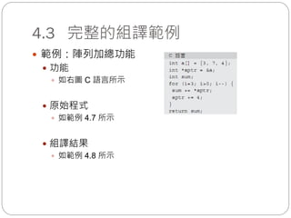 4.3 完整的組譯範例
 範例：陣列加總功能
 功能
 如右圖 C 語言所示
 原始程式
 如範例 4.7 所示
 組譯結果
 如範例 4.8 所示
 