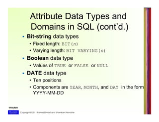 Copyright © 2011 Ramez Elmasri and Shamkant Navathe
Attribute Data Types and
Domains in SQL (cont’d.)
  Bit-string data types
•  Fixed length: BIT(n)
•  Varying length: BIT VARYING(n)
  Boolean data type
•  Values of TRUE or FALSE or NULL
  DATE data type
•  Ten positions
•  Components are YEAR, MONTH, and DAY in the form
YYYY-MM-DD
 