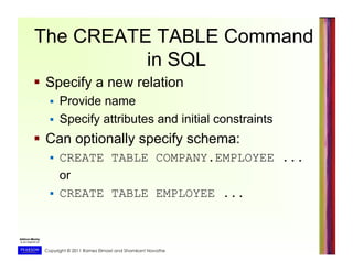 Copyright © 2011 Ramez Elmasri and Shamkant Navathe
The CREATE TABLE Command
in SQL
  Specify a new relation
  Provide name
  Specify attributes and initial constraints
  Can optionally specify schema:
  CREATE TABLE COMPANY.EMPLOYEE ...
or
  CREATE TABLE EMPLOYEE ...
 