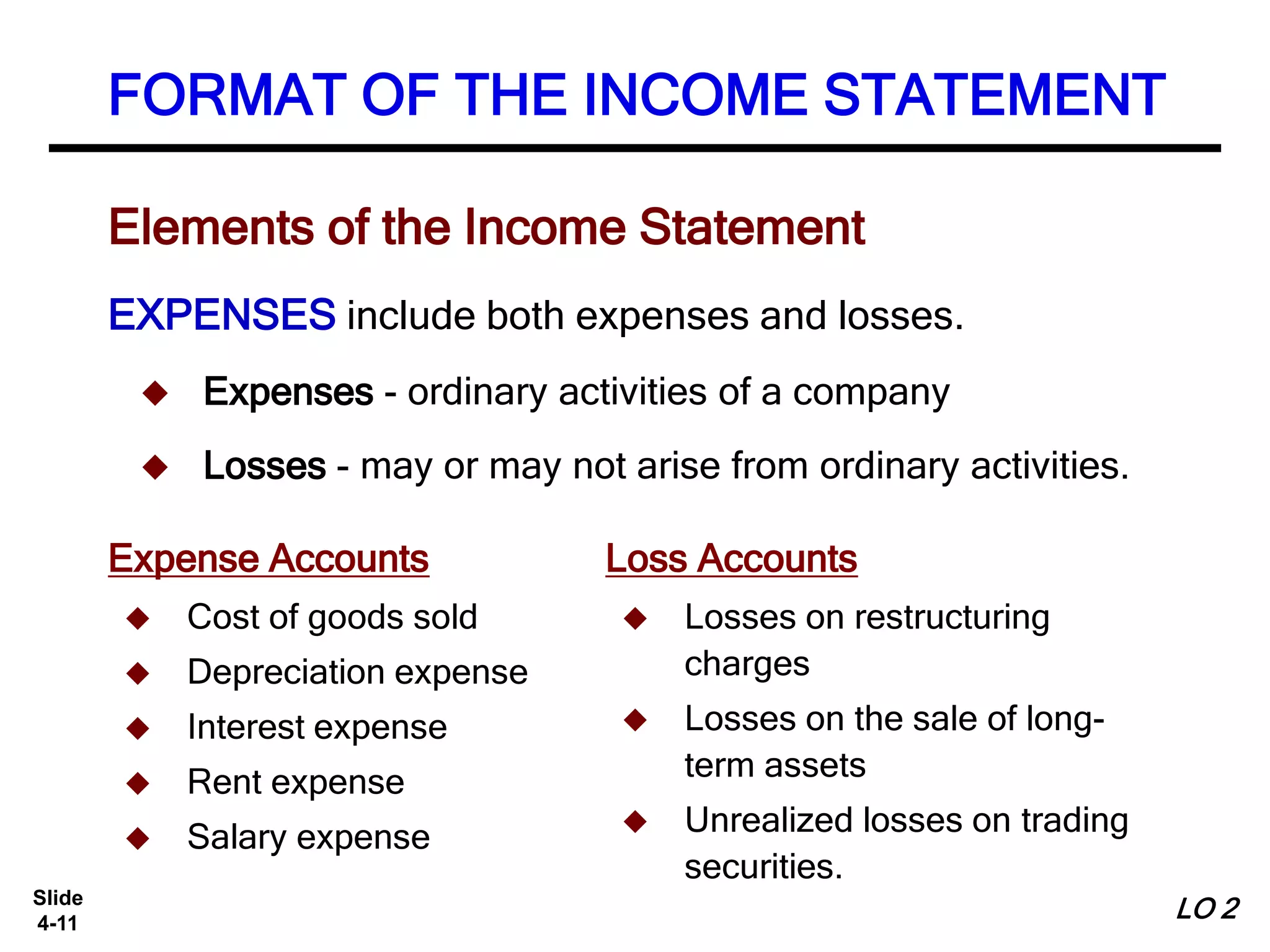 Slide
4-11
Expense Accounts
 Cost of goods sold
 Depreciation expense
 Interest expense
 Rent expense
 Salary expense
EXPENSES include both expenses and losses.
 Expenses - ordinary activities of a company
 Losses - may or may not arise from ordinary activities.
Loss Accounts
 Losses on restructuring
charges
 Losses on the sale of long-
term assets
 Unrealized losses on trading
securities.
FORMAT OF THE INCOME STATEMENT
Elements of the Income Statement
LO 2
 