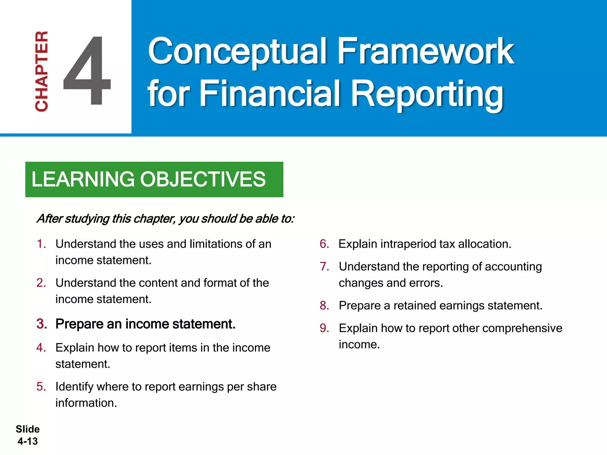 Slide
4-13
1. Understand the uses and limitations of an
income statement.
2. Understand the content and format of the
income statement.
3. Prepare an income statement.
4. Explain how to report items in the income
statement.
5. Identify where to report earnings per share
information.
6. Explain intraperiod tax allocation.
7. Understand the reporting of accounting
changes and errors.
8. Prepare a retained earnings statement.
9. Explain how to report other comprehensive
income.
After studying this chapter, you should be able to:
Conceptual Framework
for Financial Reporting4
LEARNING OBJECTIVES
 