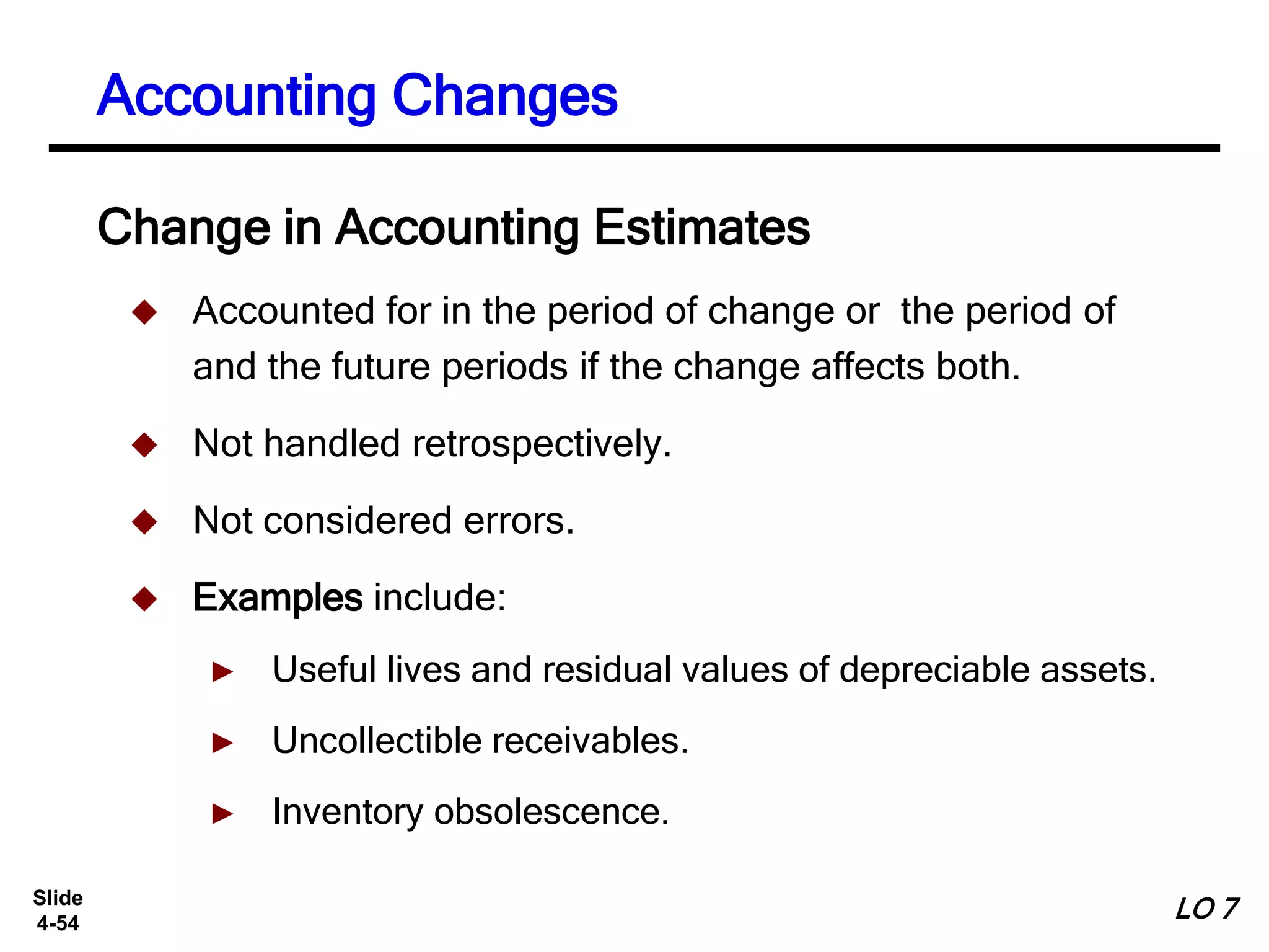 Slide
4-54
 Accounted for in the period of change or the period of
and the future periods if the change affects both.
 Not handled retrospectively.
 Not considered errors.
 Examples include:
► Useful lives and residual values of depreciable assets.
► Uncollectible receivables.
► Inventory obsolescence.
Change in Accounting Estimates
Accounting Changes
LO 7
 
