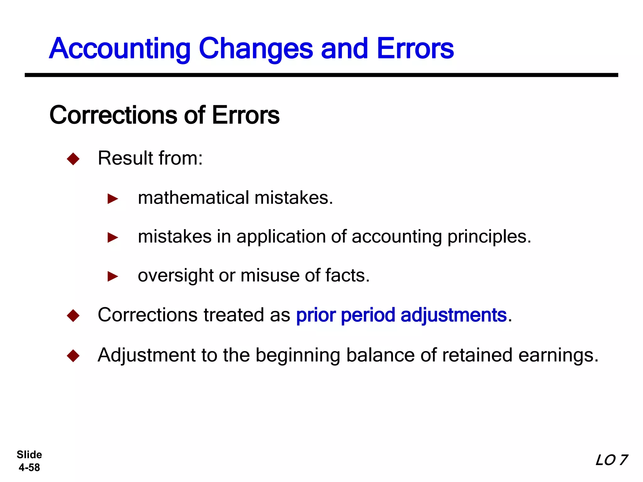 Slide
4-58
 Result from:
► mathematical mistakes.
► mistakes in application of accounting principles.
► oversight or misuse of facts.
 Corrections treated as prior period adjustments.
 Adjustment to the beginning balance of retained earnings.
Corrections of Errors
Accounting Changes and Errors
LO 7
 