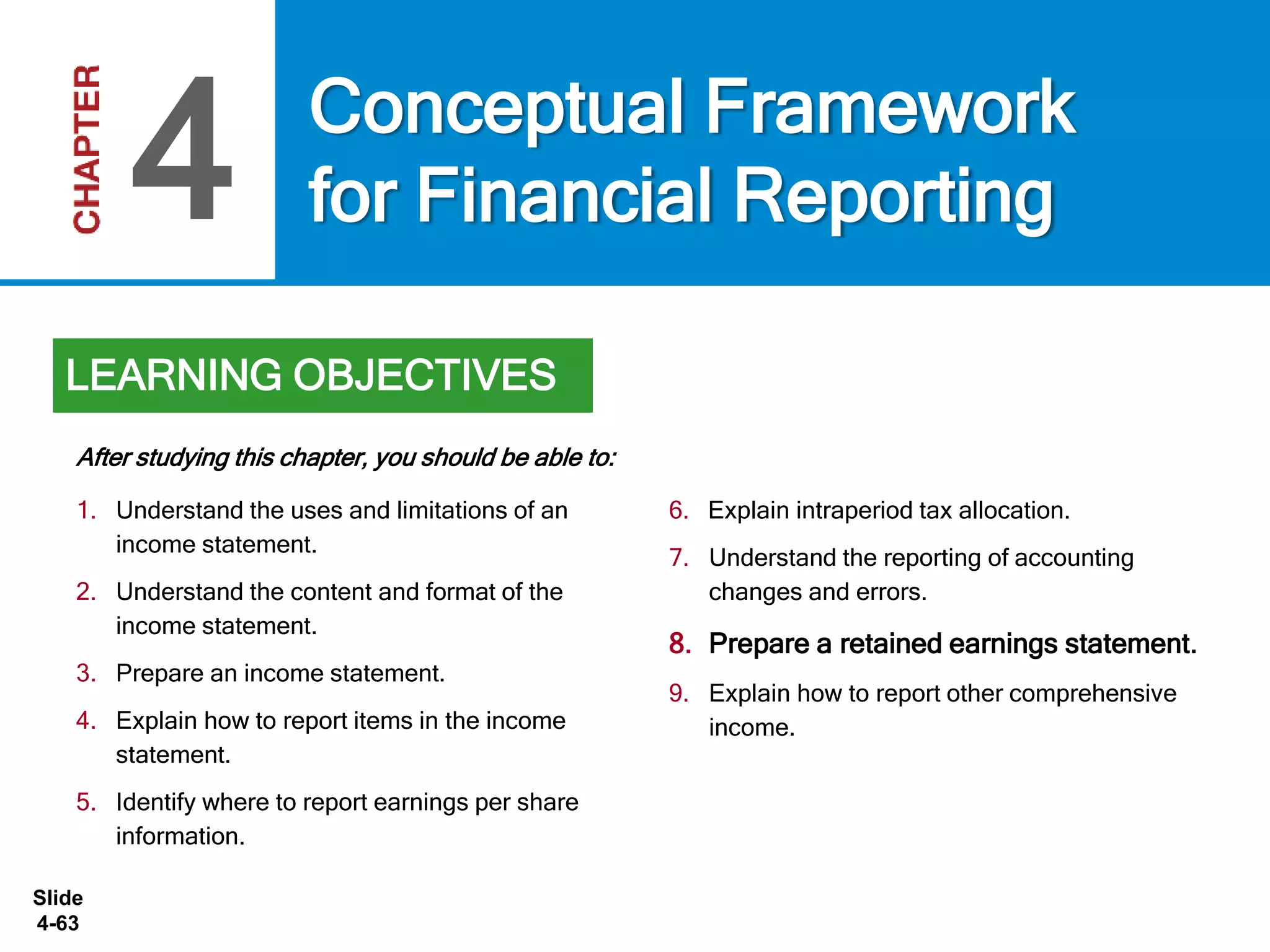 Slide
4-63
1. Understand the uses and limitations of an
income statement.
2. Understand the content and format of the
income statement.
3. Prepare an income statement.
4. Explain how to report items in the income
statement.
5. Identify where to report earnings per share
information.
6. Explain intraperiod tax allocation.
7. Understand the reporting of accounting
changes and errors.
8. Prepare a retained earnings statement.
9. Explain how to report other comprehensive
income.
After studying this chapter, you should be able to:
Conceptual Framework
for Financial Reporting4
LEARNING OBJECTIVES
 