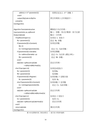 10
address+= 4 * parameter[1]
endif
outputObjCode toObjFile
endwhile
End Algorithm
AlgorithmTranslateInstruction
Inputparameter,pc,opRecord
OutputobjCode
if (opRecord.typeisL)
Ra = parameter[1]
if (parameter[3] isConstant)
Rb = 0
Cx = toInteger(parameter[2]);
if (parameter[3] isVariable)
Cx = address(Variable) –pc
Rb = parameter[2]
endif
objCode = opRecord.opCode
+ id(Ra)+id(Rb)+hex(Cx);
else if (op.type isA)
Ra = parameter[1]
Rb = parameter[2]
if (parameter[3] isRegister)
Rc = parameter[3]
else if (parameter[3] isConstant)
Cx = toInteger(parameter[3]);
endif
objCode = opRecord.opCode
+ id(Ra)+id(Rb)+id(Rc)+hex(Cx)
else if (op.type isJ)
Cx = parameter[1]
objCode = opRecord.opCode+hex(Cx)
endif
returnobjCode
End Algorithm
則將位址加上 4 * 參數 1
將目的碼寫入目的檔當中。
轉換指令為目的碼。
輸入：參數、程式計數器、指令記錄
輸出：目的碼
如果是 L 型指令
設定 Ra 參數
如果是常數
設定 Cx 為該常數。
如果是變數
設定 Cx 為位移 (標記-PC)。
設定 Rb 參數。
設定目的碼。
如果是A型指令
取得Ra
取得Rb
如果參數 3 是暫存器
取得 Rc
如果參數 3 是常數
設定 Cx 為該常數。
設定目的碼
如果是 J 型指令
取得 Cx
設定目的碼
傳回目的碼
圖 4.5 組譯器的第二階段演算法 – 進行指令與資料編碼
 