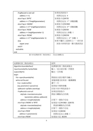 9
if opRecord is not null
address += 4;
else if op is 'BYTE'
address += 1*length(parameters)
else if op is 'WORD'
address += 4 * length(parameters)
else if op is 'RESB'
address += length(parameter 1)
else if op is 'RESW'
address += 4 * length(parameter 1)
else
report error
end if
end while
end
如果找到該指令
則將位址加 4
如果指令是BYTE
則將位址加 1 * 參數個數
如果指令是WORD
則將位址加 4 * 參數個數
如果指令是RESB
則將位址加上參數 1
如果指令是RESW
則將位址加上 4 * 參數 1
如果不屬於上述情形之一，則代表
該指令拼寫有誤，顯示錯誤訊息
圖 4.4 組譯器的第一階段演算法 - 指定記憶體位址
組譯器的第二階段演算法 說明
AlgorithmAssemblerPass2
inputAssmeblyFile, SymbolTable
ouptutObjFile
begin
file =open(AssemblyFile)
while notfile.end
line = readLine(file)
(op,parameter) =parse(line)
opRecord= opTable.search(op)
if opRecordisnotnull
objCode =translateInstruction
(parameter,address,opRecord)
address+= length(objCode)
else if opis'WORD' or 'BYTE'
objCode =translateData(line)
address+= length(objCode)
else if opis'RESB'
address+= parameter[1]
else if opis'RESW'
組譯器的第二階段演算法
輸入：組合語言檔，符號表
輸出：目的檔
開啟組合語言檔作為輸入
當檔案還沒結束前，繼續讀檔
讀下一行
取得指令碼與參數
於指令表中尋找該指令
如果找到該指令
將指令轉換為目的碼
計算下一個指令位址
如果指令是WORD 或BYTE
將資料轉換為目的碼
計算下一個指令位址
如果指令是RESB
則將位址加上參數 1
如果指令是 RESW
 