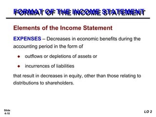 Slide
4-10
FORMAT OF THE INCOME STATEMENT
EXPENSES – Decreases in economic benefits during the
accounting period in the form of
◆ outflows or depletions of assets or
◆ incurrences of liabilities
that result in decreases in equity, other than those relating to
distributions to shareholders.
Elements of the Income Statement
LO 2
 